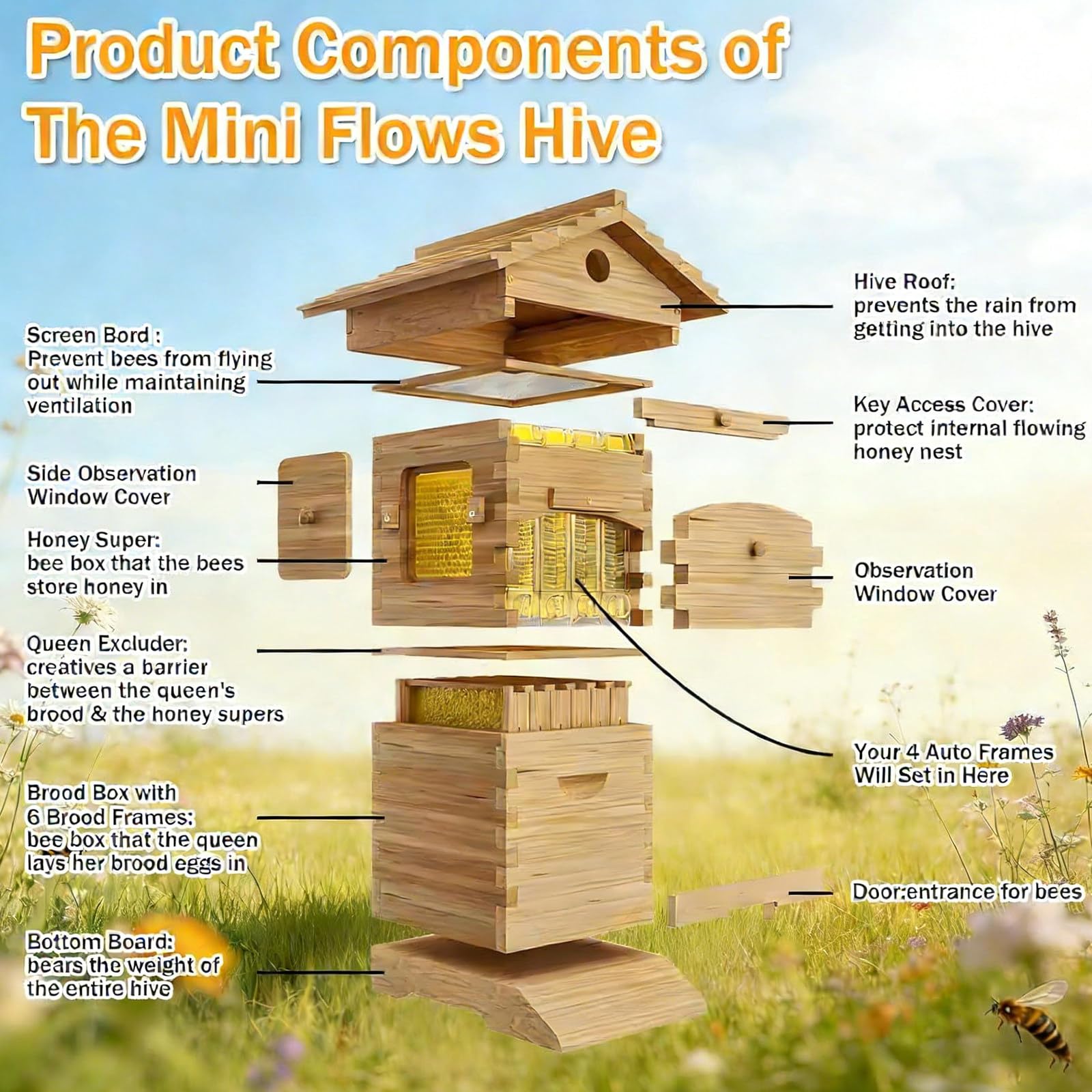 Kit de Apicultura para Principiantes, Colmena Flow Hive, Juego Completo de Colmena Encerada con Extractor de Miel. 4free-flowinghoneycombcombs