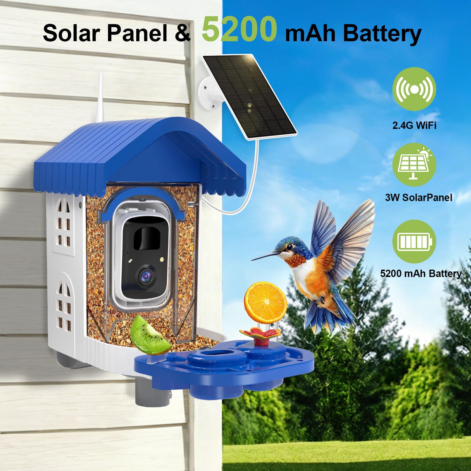 NEEZUKAR Comedero para pájaros con cámara alimentada por energía solar, cámara inteligente para pájaros con reconocimiento de IA, cámara de video HD 2K para observación de aves, diseño resistente a la
