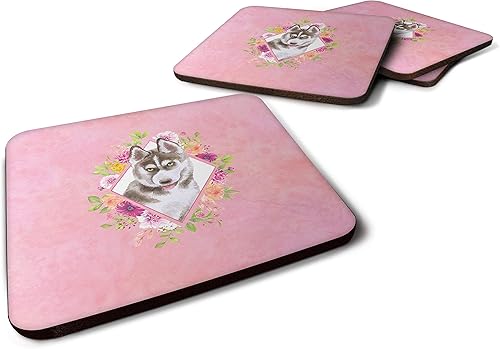 Caroline's Treasures CK4152FC Siberian Husky #2 - Juego de 4 posavasos de espuma con diseño de flores rosadas, para interiores y exteriores,