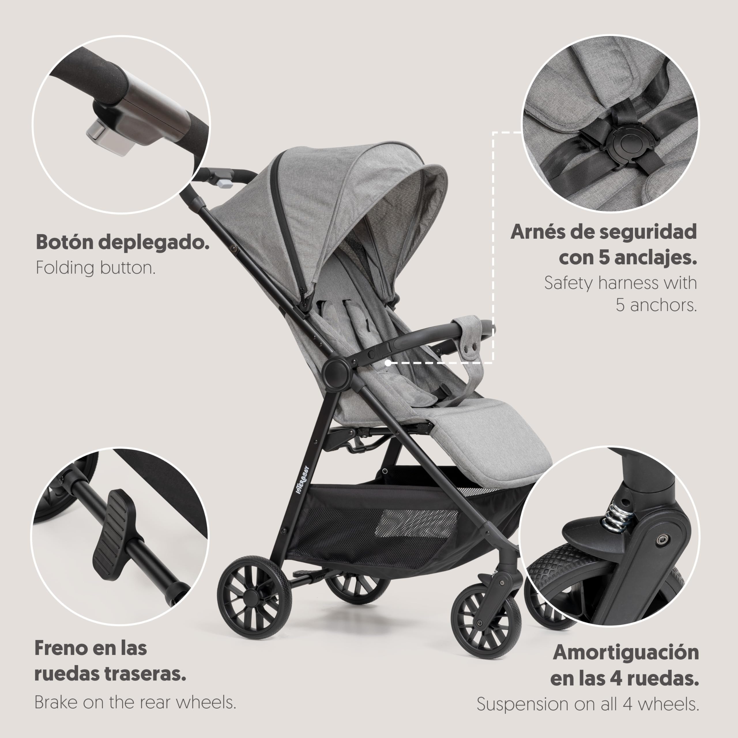 Interbaby - Silla de Paseo Ligera Bebé hasta 22 kg, Carrito Bebé Plegado Automático con una Mano, Respaldo Reclinable, Capota XXL, Suspensión 4 Ruedas, Cochecito Bebé (Gris)