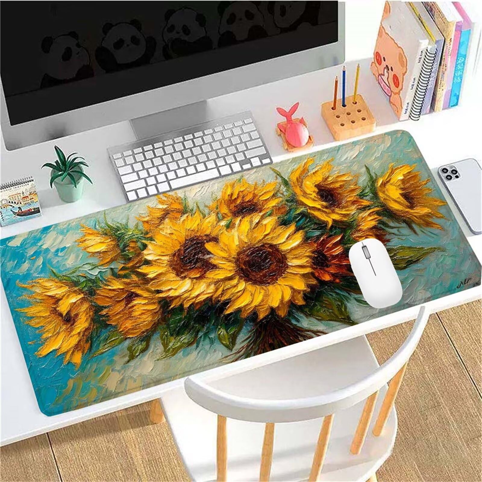 Alfombrilla Ratón Van Gogh Girasol Alfombrilla Ratón XXL 1400x600x3mm Mouse Pad Resiste Salpicaduras, Extendida de Gran Tamaño con Bordes Cosidos, Mejora la Precisión y la Velocidad, Duradera y-139