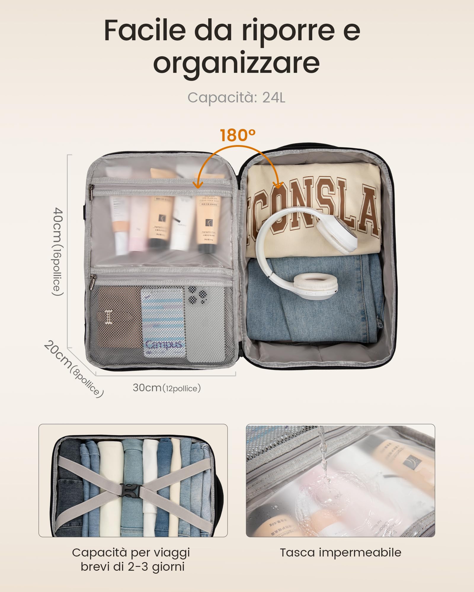 LOVEVOOK Zaino Ryanair 40x30x20, Zaino da Viaggio Aereo Bagaglio a Mano Zaini Borsa da Cabina, Impermeabile Travel Backpack per Ryanair Wizzair EasyJet, 13,3 Pollici Zaino Porta PC per Scuola Lavoro