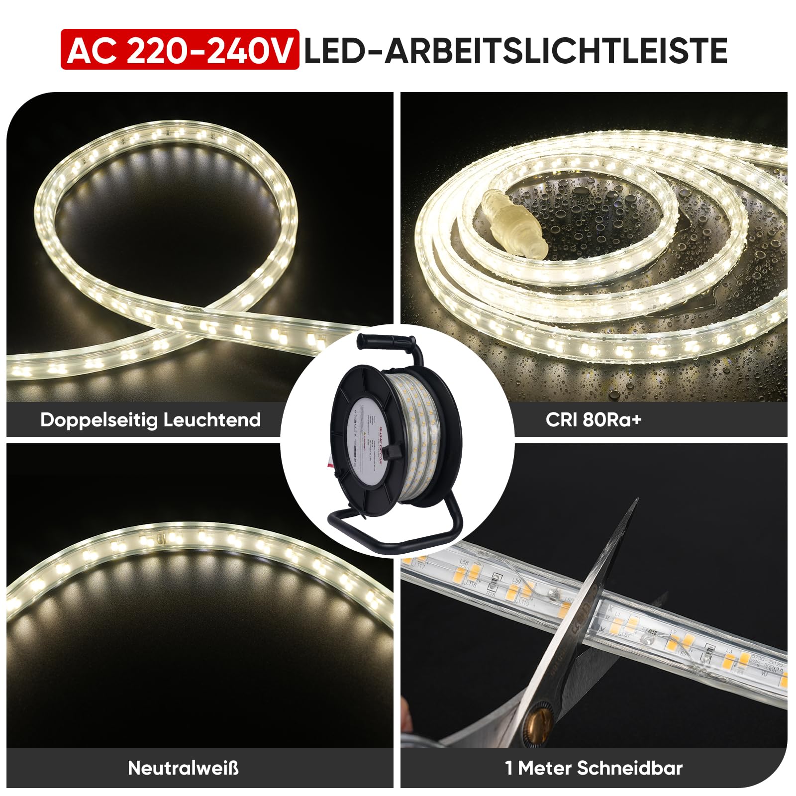 Shine Decor LED Arbeitsleuchte 25m 350W 42500lm IP65 Wasserfest Ausziehbar auf 50m Neutralweiß 4000K