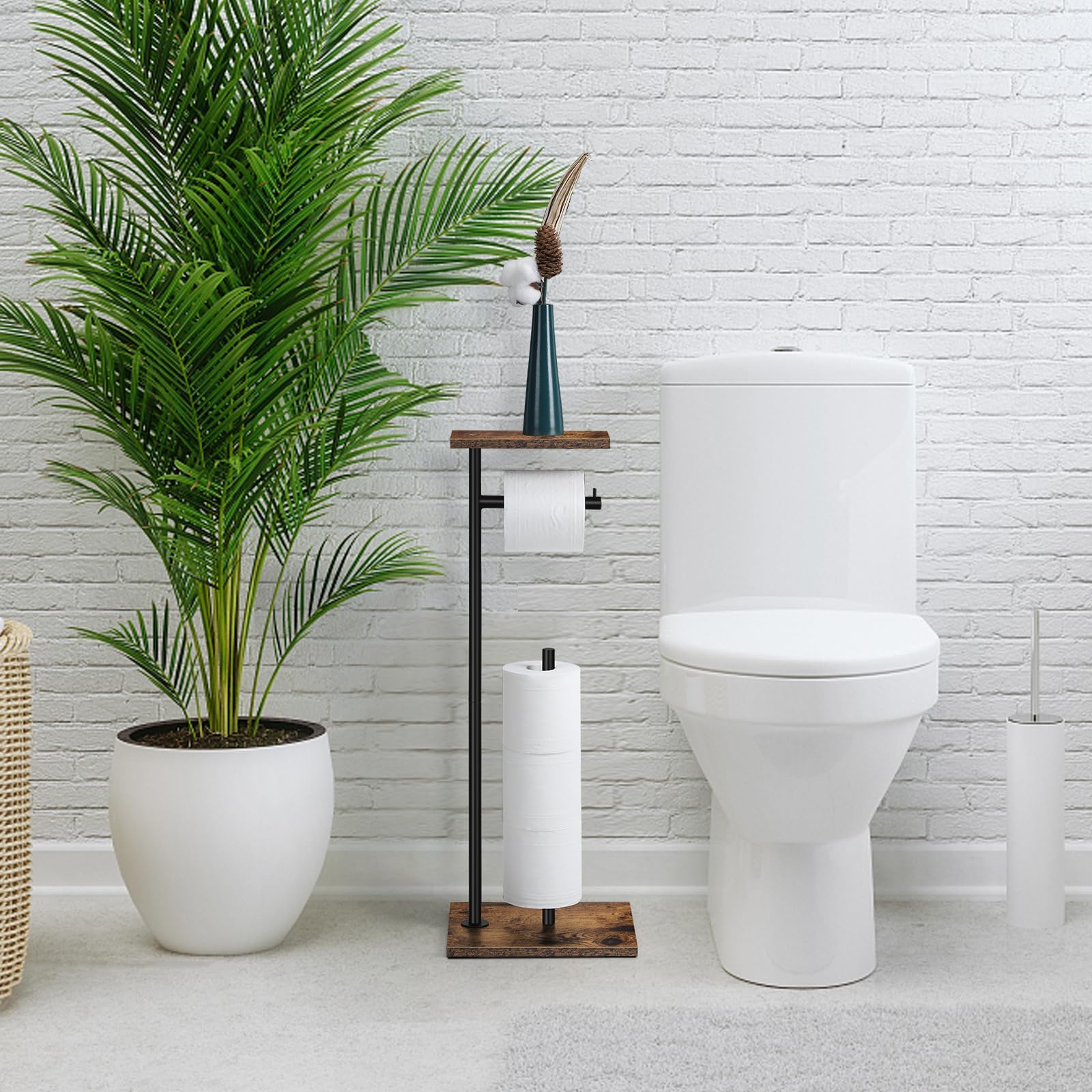 Toilettenpapierhalter Ständer mit Holzablage, freistehender Toilettenpapierhalter mit Telefonablage, Badezimmer-Ersatzpapier-Spender für 4 Reserverollen