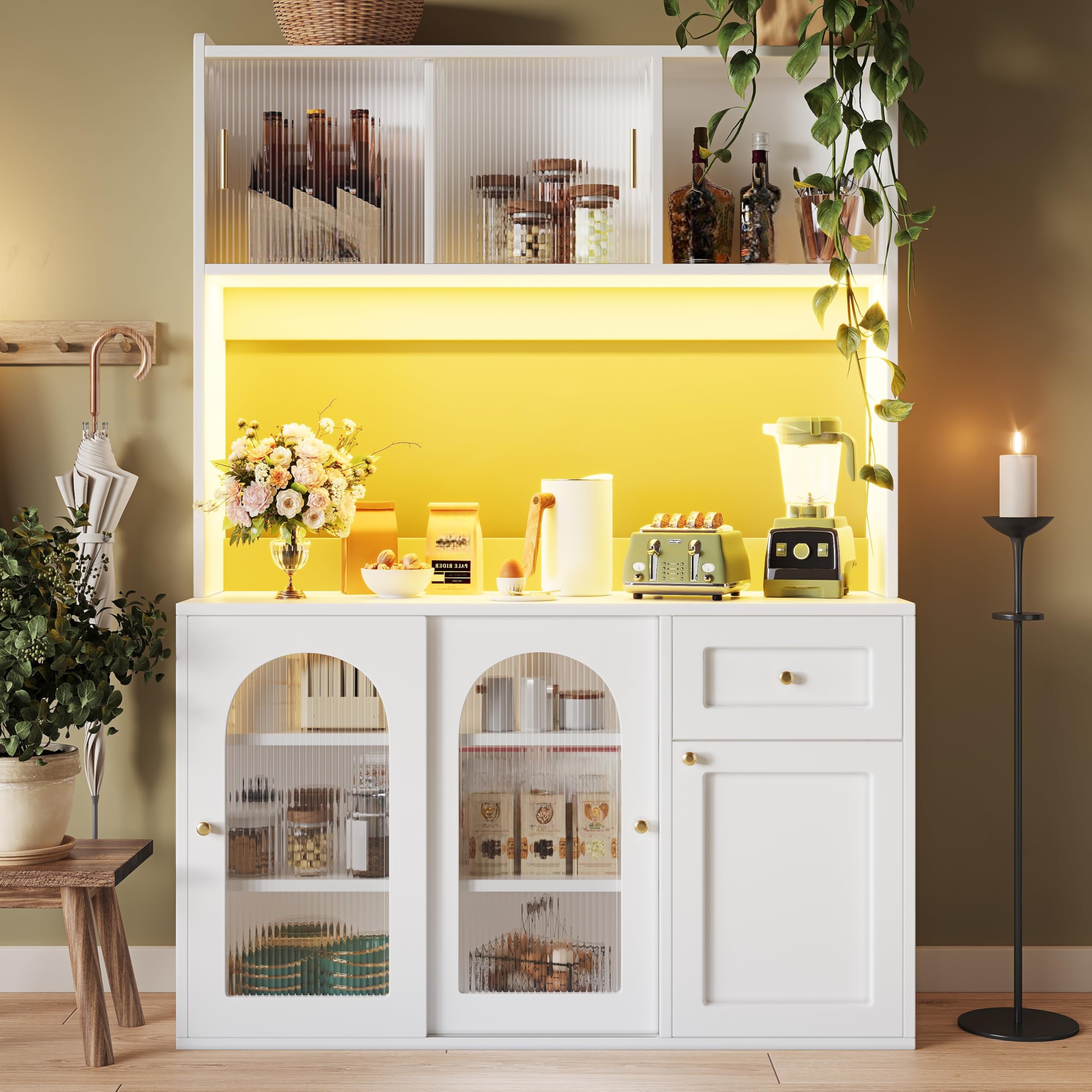 Küchenschrank mit Verstellbaren Ablagen und LED-Beleuchtung, Buffetschrank Hochschrank mit Türen und Schubladen, Küchenschränke mit Arbeitsplatte, Küchenmöbel, Weiß, 120×35×167 cm