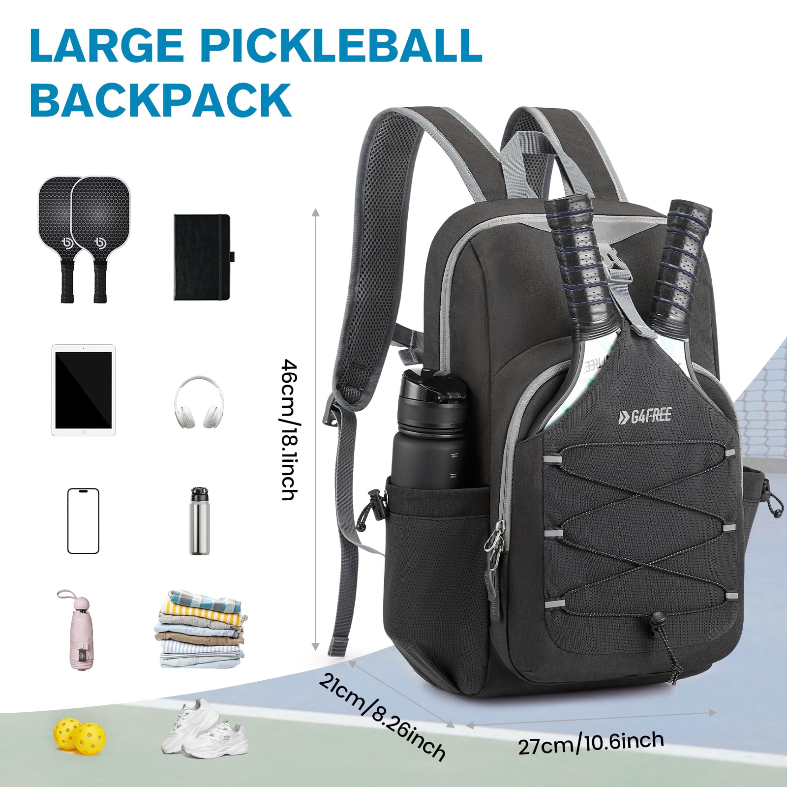 G4Free Lichte Pickleball-rugzak, Pickleball-rugzak voor dames en heren, verstelbare paddletas, geschikt voor 2-4 peddels, sportrugzak, Donkergrijs, Eén maat, Casual rugzak