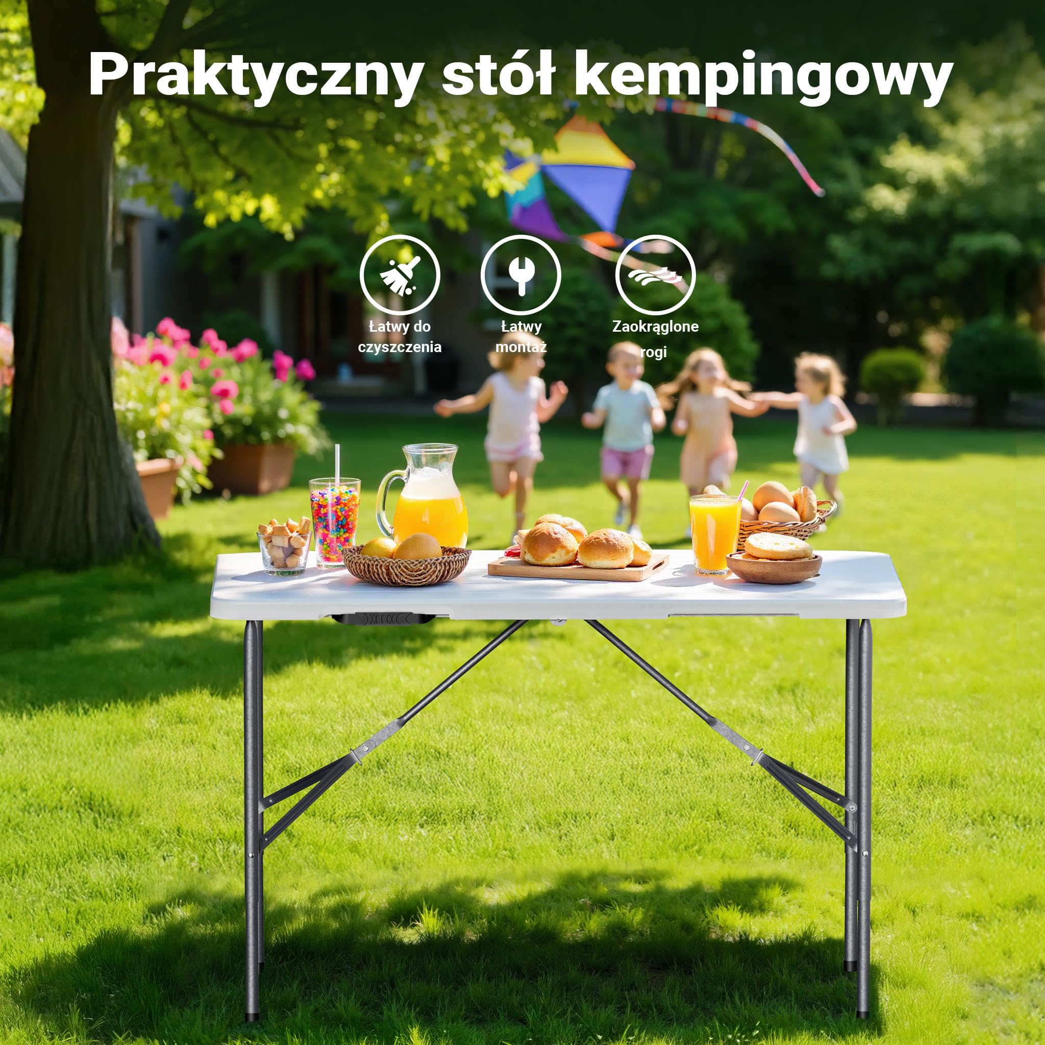 Wiltec Składany stół cateringowy, bankietowy, turystyczny 122x60x75 cm, stolik ogrodowy z uchwytem, stół kempingowy składany do ogrodu i na biwak