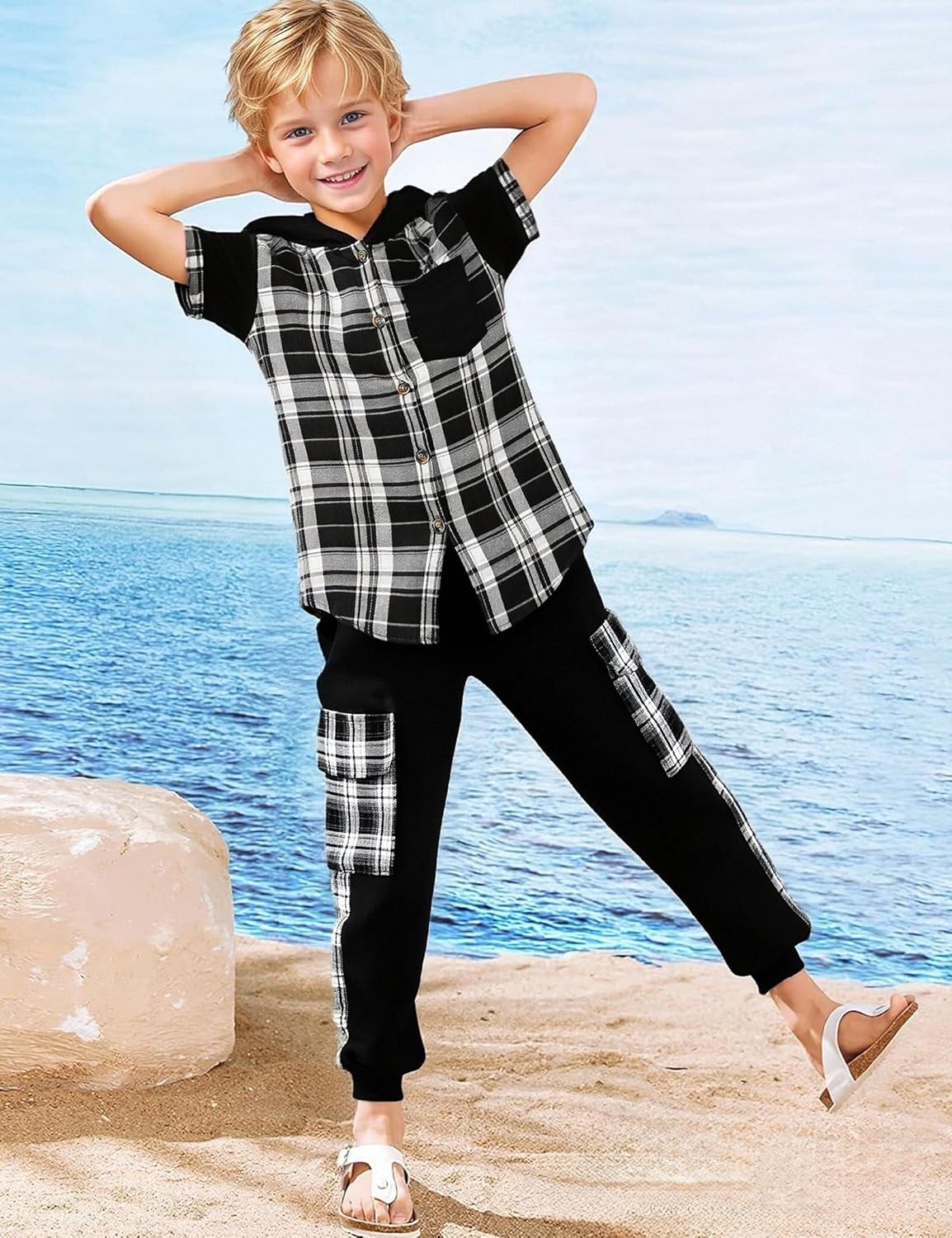 Kids Boy Clothes Plaid Hooded Short-Sleeved Shirt Top and Patchwork design Pants 2Pcs Boys Outfits - Image 2