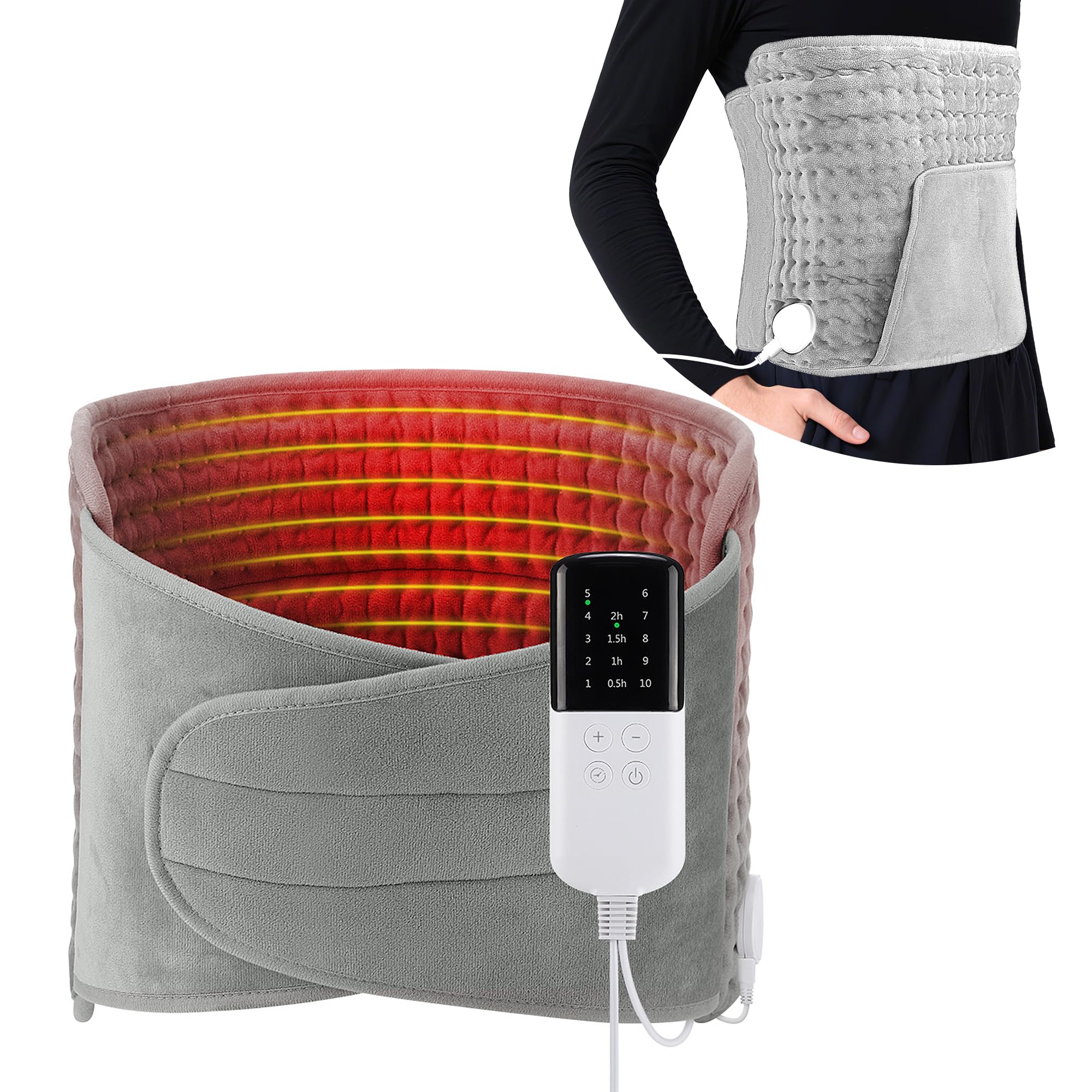 KingSom Ceinture Chauffante Lombaire avec Poche de Chauffe Main, Coussin Chauffant Électrique 125 x 30 cm, 10 Niveaux de Température et 4 Timers, Ceinture Chauffante pour le Dos, le Ventre, la Taille