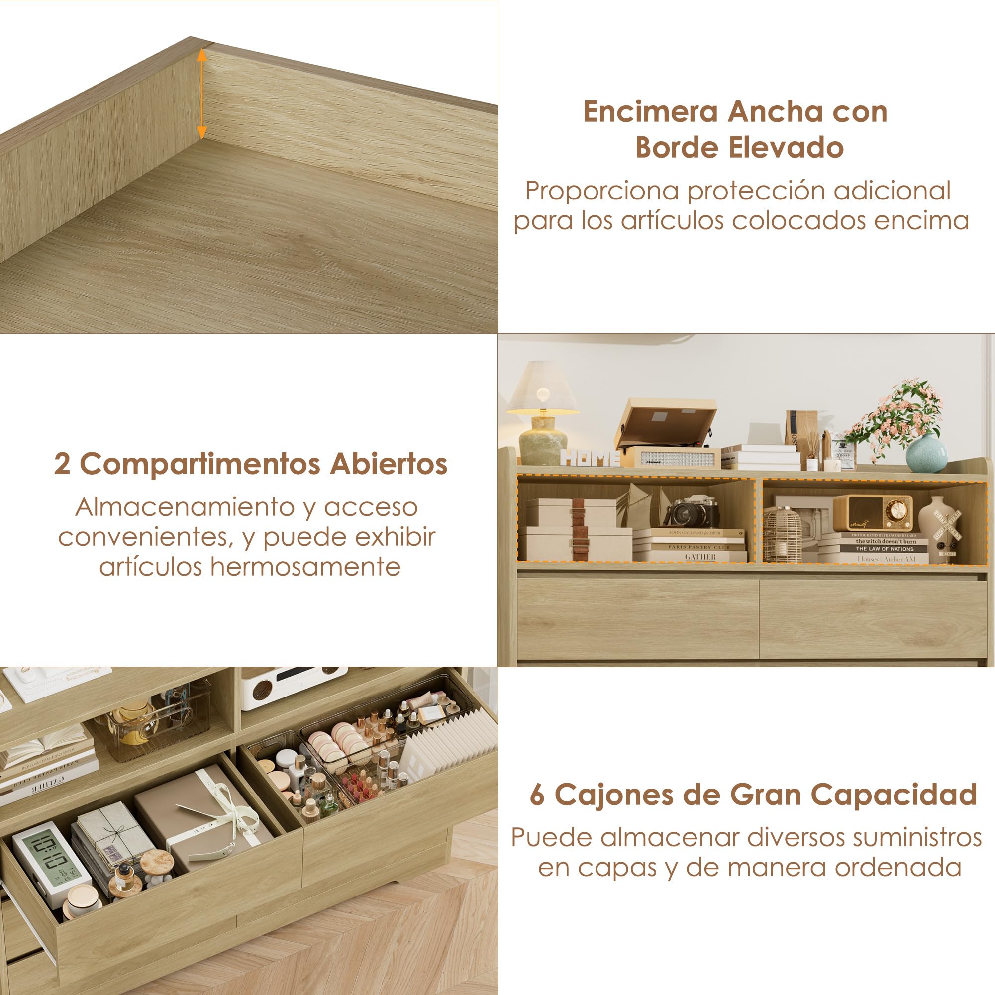 FOREHILL Comodas y Cajoneras Dormitorio Roble Anch. 120 cm Cajonera Armario Interior Comoda 6 Cajones 2 Compartimentos Abiertos para Salón Dormitorio Pasillo 120x40x100 cm