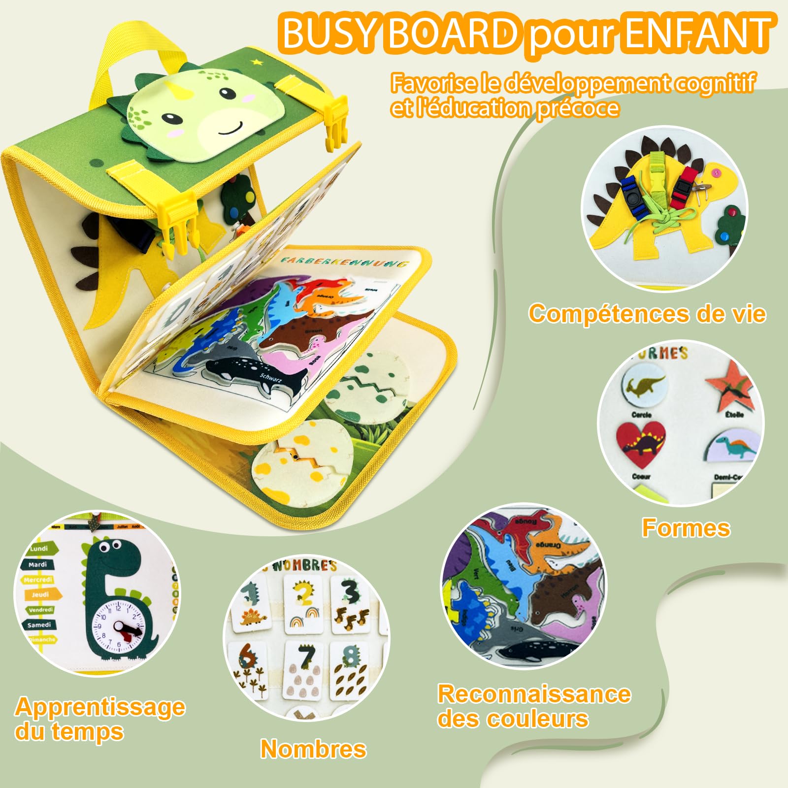 Busy Board dinosauro, giocattolo Montessori per bambini 2, 3, 4, 5 anni, zainetto, per motricità, attività, intrattenimento in auto, per bambini e bambine, 1, 2, 3, 4 anni