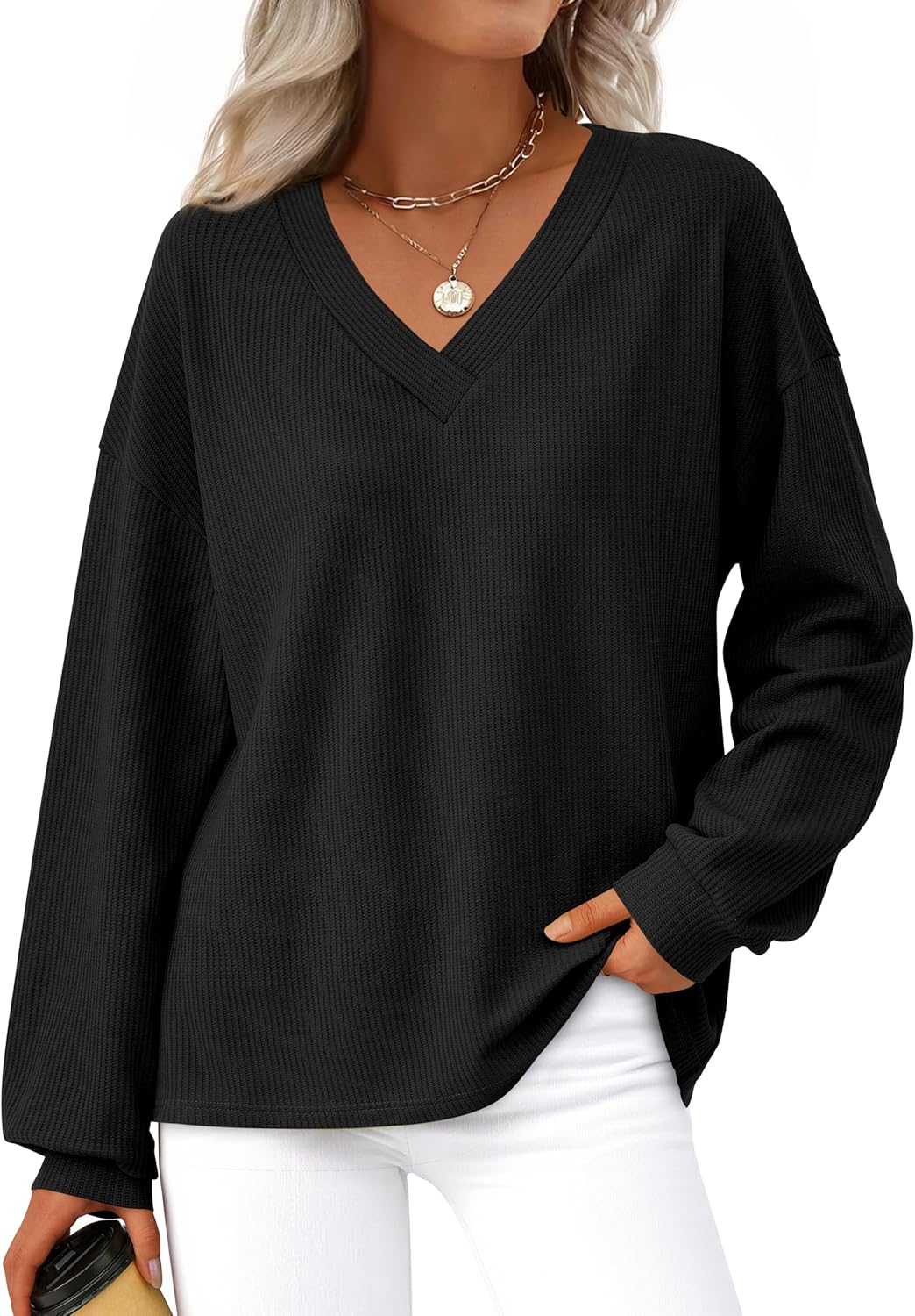 MASCOMODA Womens Tops Casual V Neck Waffle Knit Long Sleeve Shirts Trendy Loose Tunic Pullover Work Blouses Fall Outfits