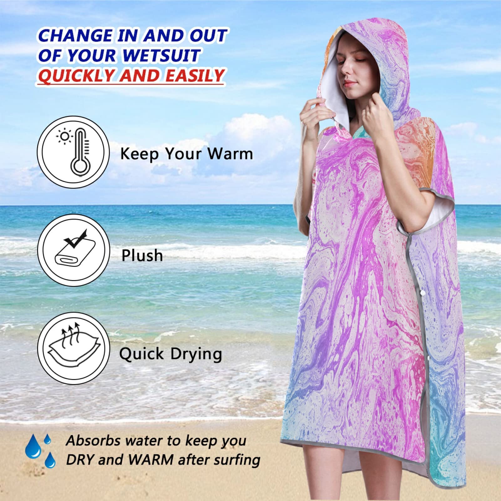 Poncho de surf coloré avec capuche et poche, séchage rapide, en microfibre, pour le bain, la plage, l'extérieur