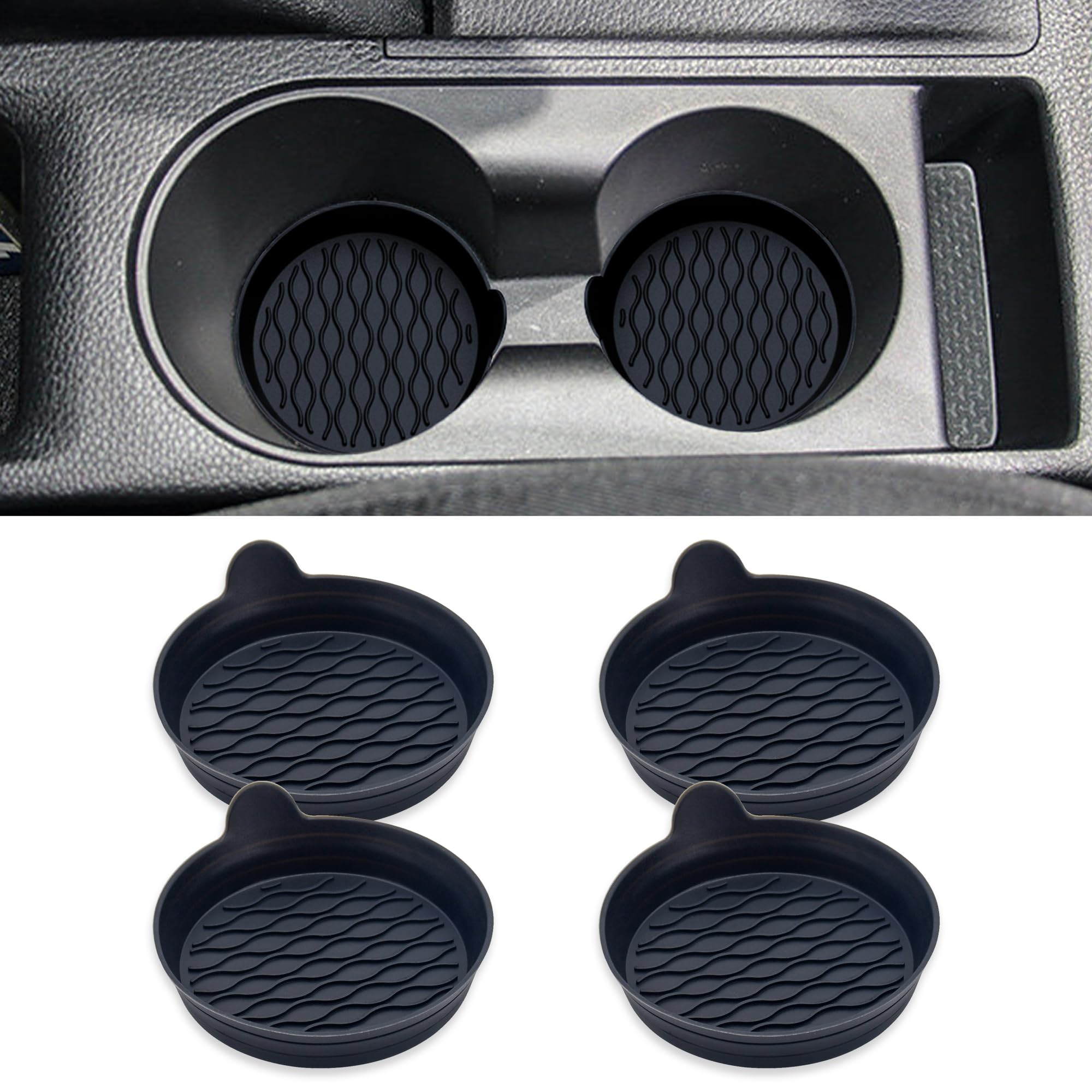 Couslcd 4PCS Car Cup Holder Coasters, Universal Silicone Non-Slip Insert Cup Coasters, Soft Wave Pattern Cup Holders, Car Interior Accessories for SUV, Truck, RV (Black)