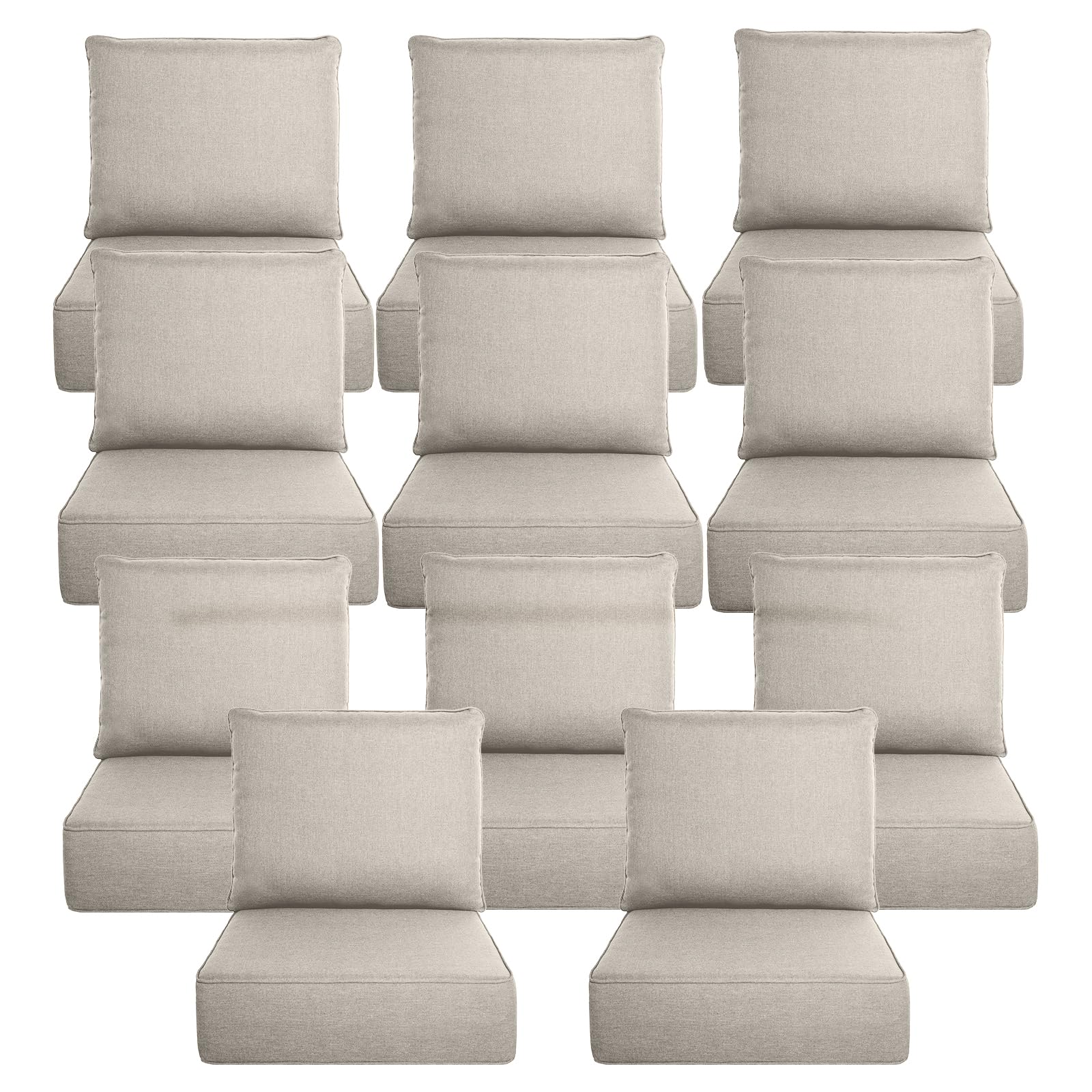 Luxury 6" Thick Outdoor Cushion Set 11 - 24x24 Patio Furniture Cushions with 28D High-Density Foam, Water-Resistant &amp; Fade-Resistant Fabric, Removable Covers for Patio Furniture Sofa Couch -Beige