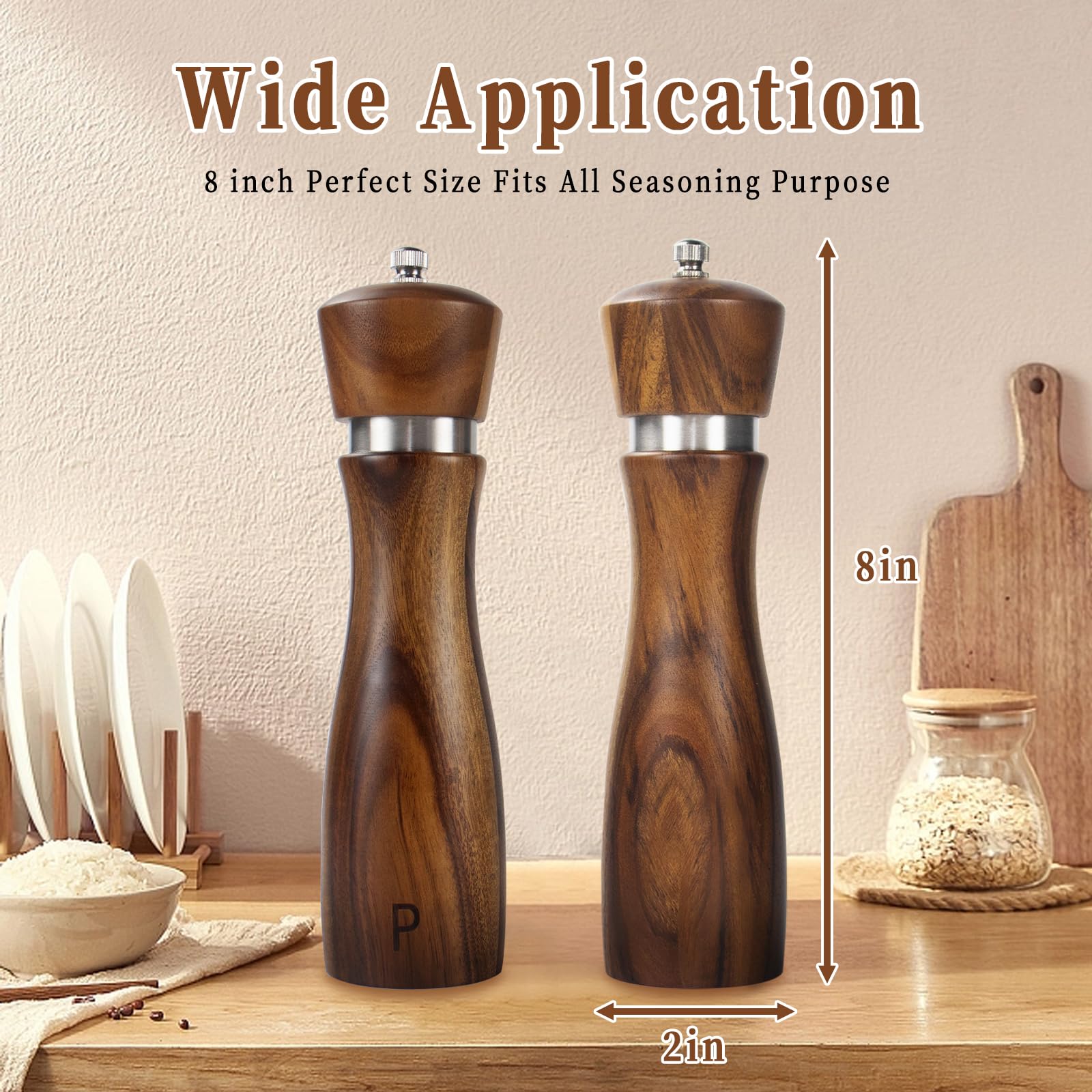Haomacro Salt and Pepper Grinder Set of 2,8Inch Updated Wooden Pepper Mill Shaker,Modern Oak Wood Salt Mill Pepper Grinder Set Refillable with Adjustable Ceramic Rotor - Image 4