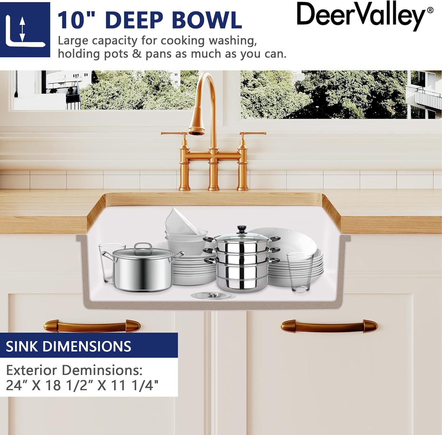 24" White Fireclay Drop-In Farmhouse Kitchen Sink