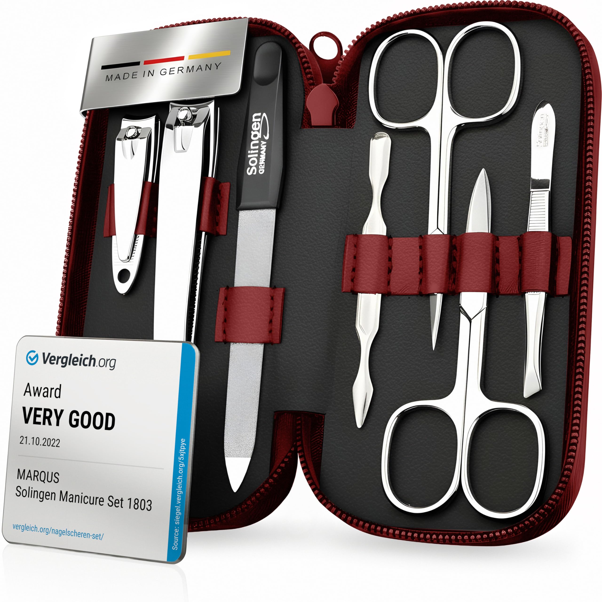 marQus kit manucure pédicure 7 pièces de Solingen - set de manucure professionnel en cuir complet, 2 coupe-ongles, lime à ongles Solingen, pince à épiler, 2 ciseaux, pousse-cuticule