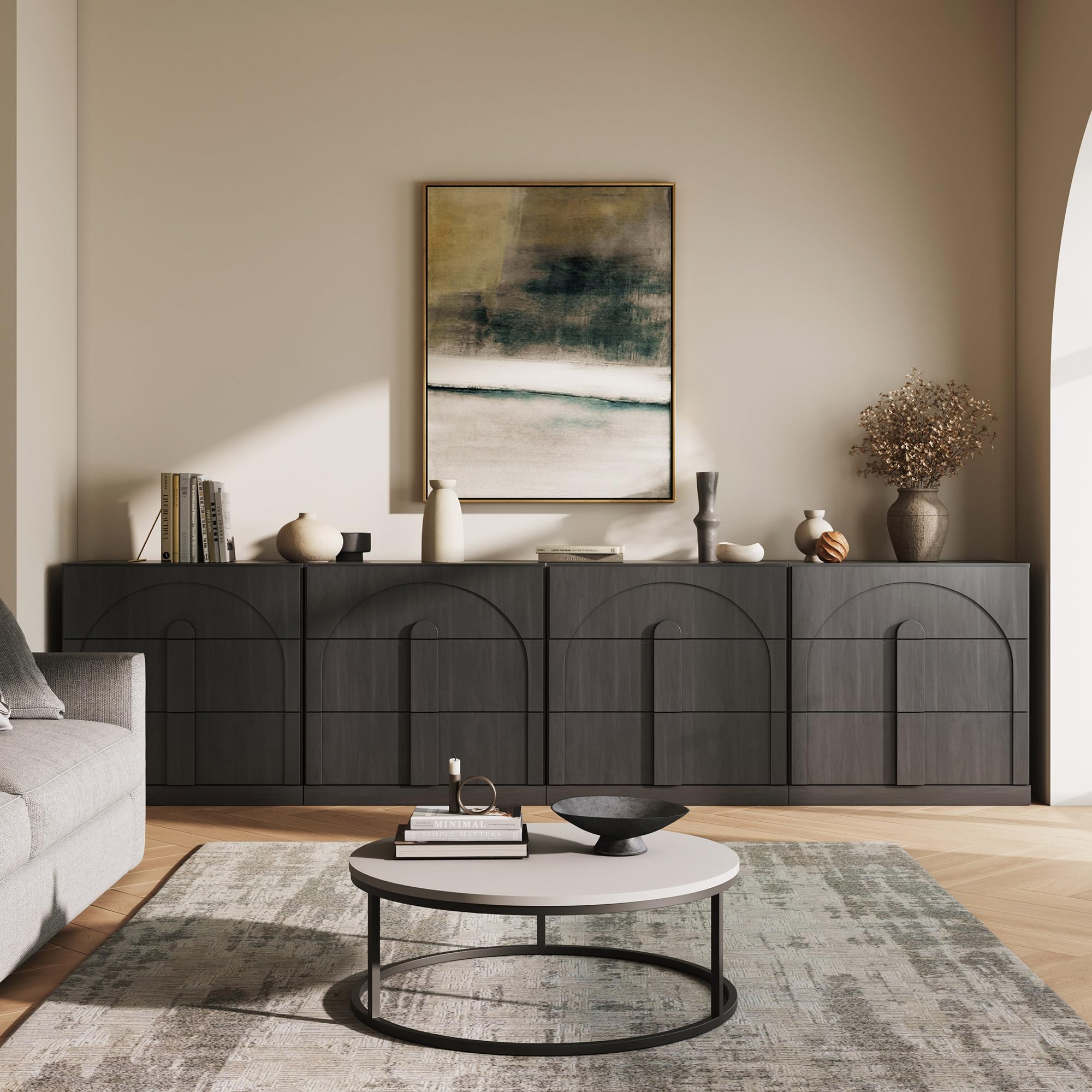 BELLEZE 65 Inch Fluted Buffet Cabinet with Storage, Symmetrical Arc Accent Sideboard Large Console Table for Dining Room, Kitchen, and Living Room (Camel) — view 59