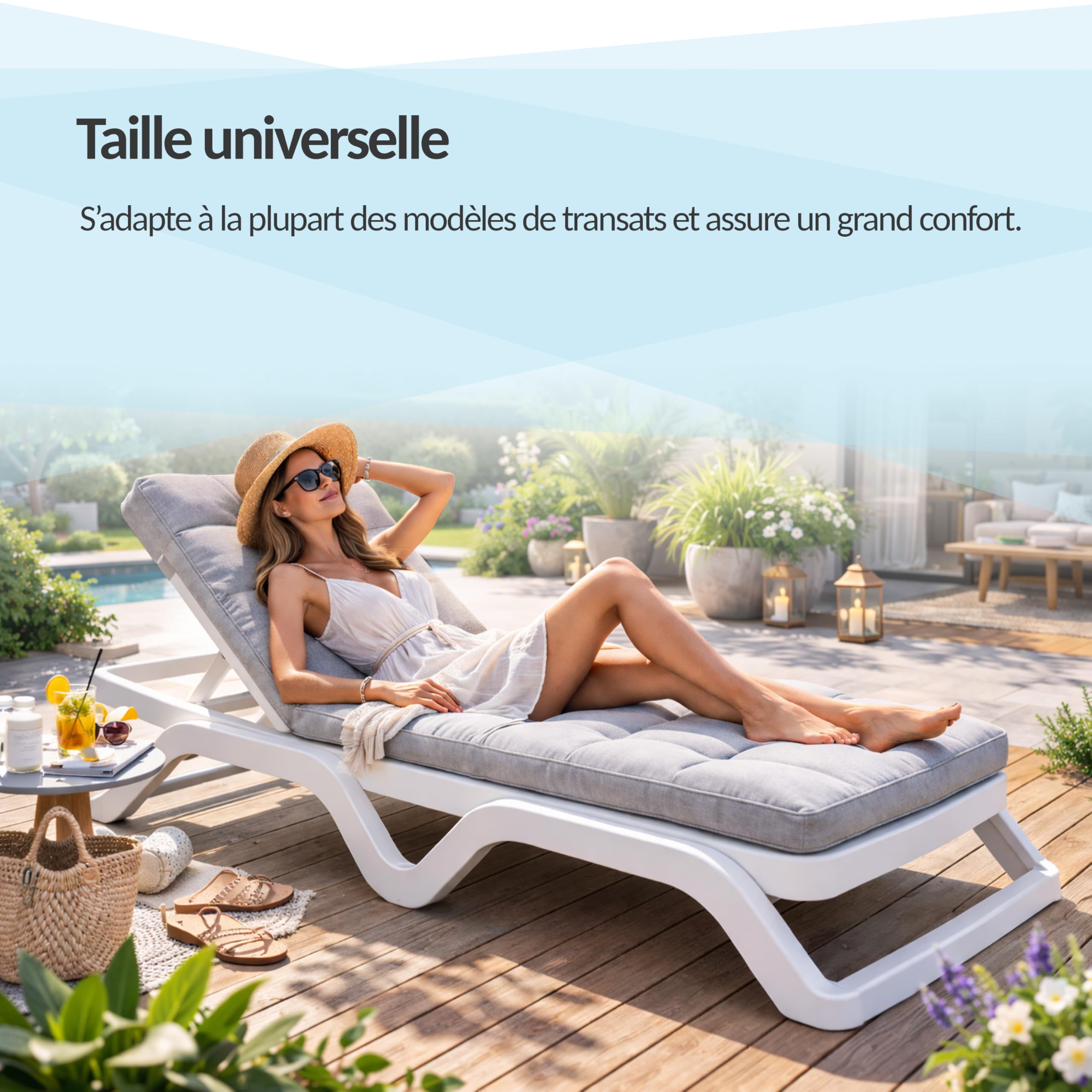 POKAR Coussin Bain de Soleil 200x60x13 cm | Imperméable et Déperlant | Matelas Transat Finition Matelassée | Coussin pour Chaise Longue de Jardin | Épaisseur 13 cm | Oeko-TEX | Made in EU | Gris