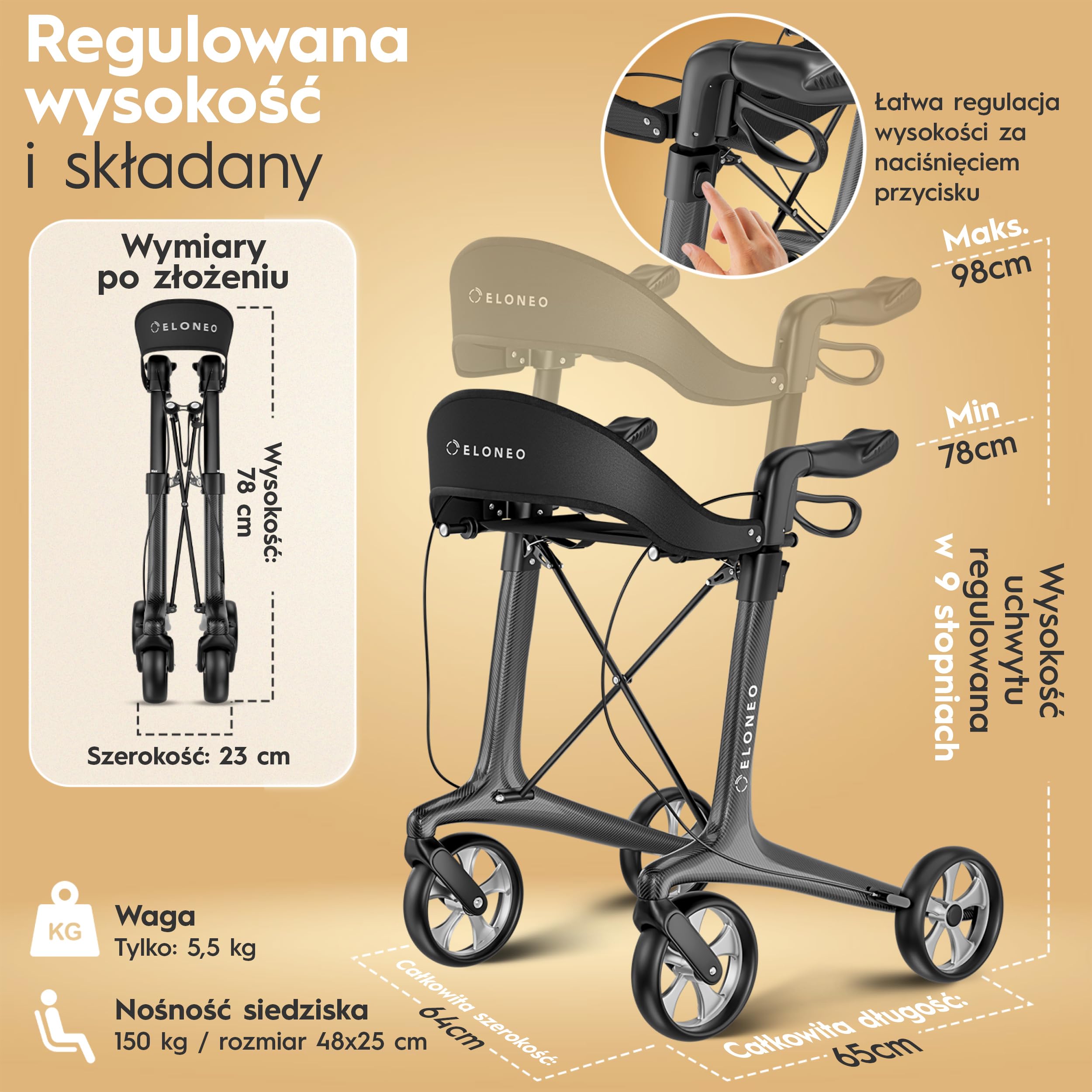 Rollator węglowy składany lekki z siedziskiem, ultralekki rollator podróżny 5,5 kg, balkonik dla seniorów z 9-stopniową regulacją wysokości, składana pomoc do chodzenia, z torbą
