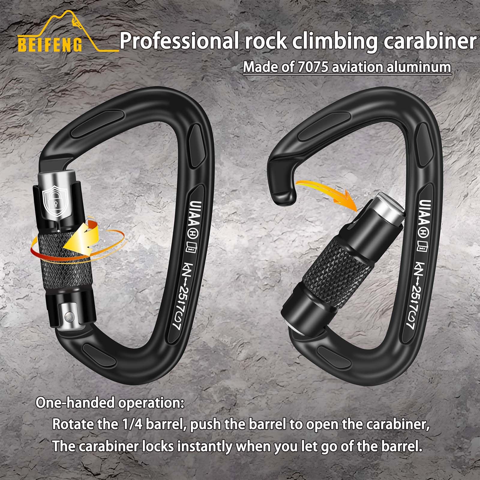 BEIFENG Mosquetón de bloqueo automático de 25 KN profesional para escalada en roca, obtenido certificación UIAA, mosquetones resistentes adecuados para escalada en roca, camping, rapel, rescate,