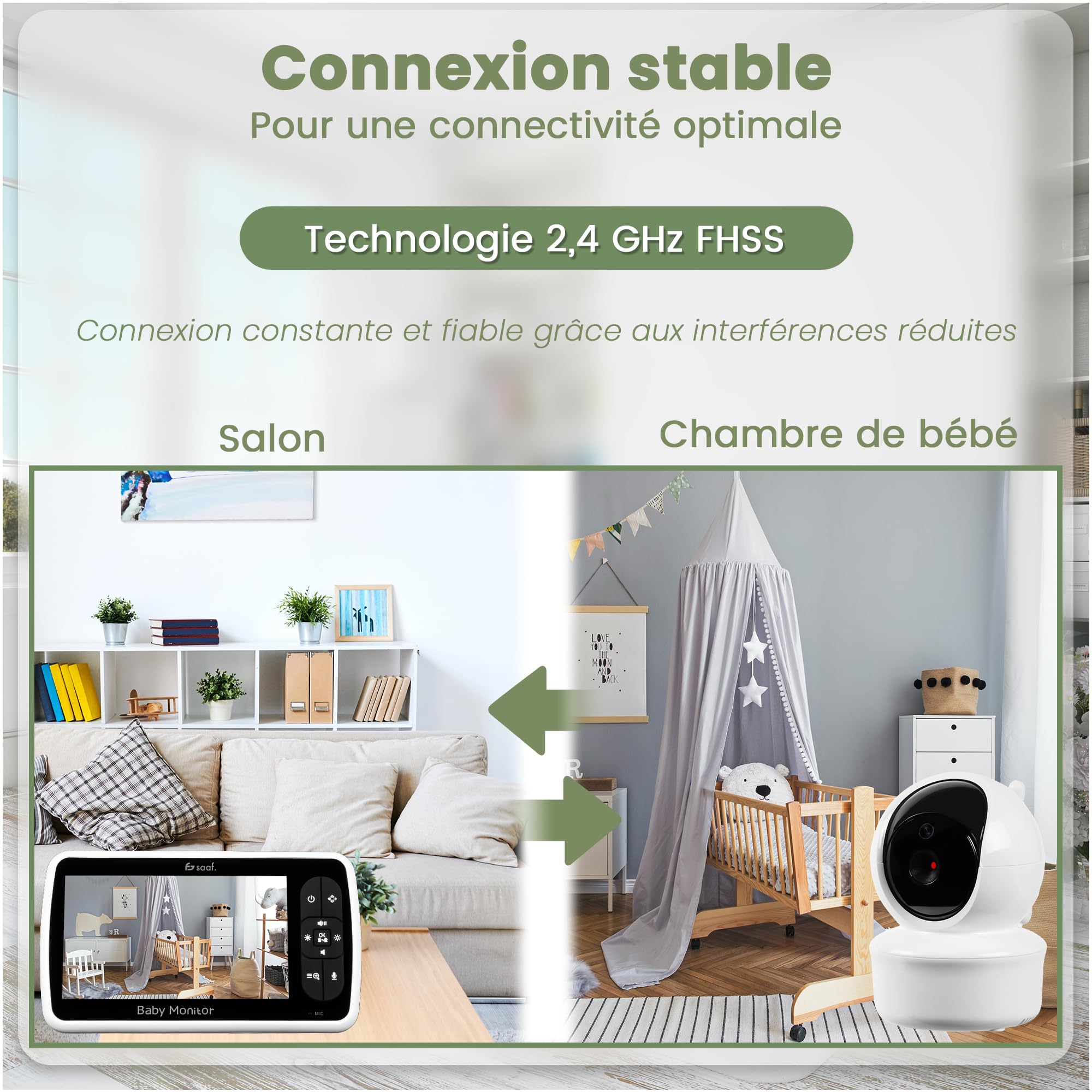 saaf Babyphone avec Caméra et Écran 5” – Caméra Orientable et Pivotante avec Fonction Zoom – Fonction Parler & Vision Nocturne – Berceuses Intégrées – Luminosité Réglable – Support Flexible Inclus