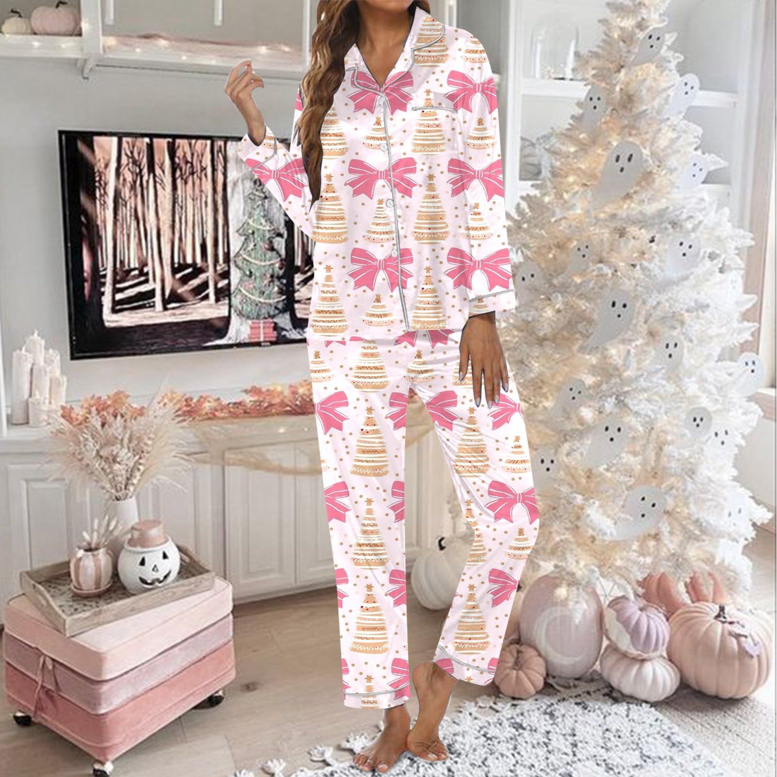 Generico Pigiama Lungo Donna - Set a Maniche Lunghe Stampato a Tema Natalizio da Donna Abbigliamento da casa Festivo per Vacanze accoglienti in Tessuto con Chiusura Frontale e Tasche Laterali