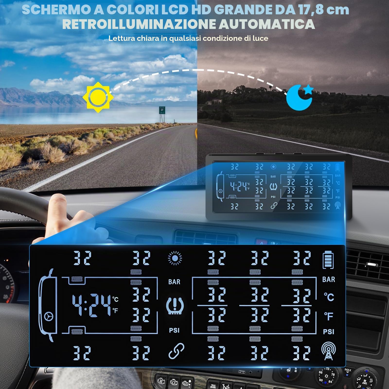 TPMS Sistema Monitoraggio Rilevatore di Controllo per 6/8 Ruote Van/Lkw/Truck Solare Della Pressione Degli Pneumatici con 8 Sensori,Ripetitore,13Bar/188Psi, 6 Tipi di Allarmi