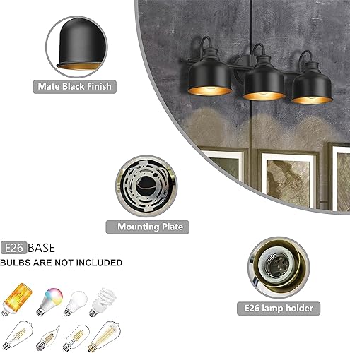 Miniatura 3 de Aplique de pared de 2 luces para baño, con pantalla de metal negro mate, industrial, para dormitorio, cocina, sala de estar, pasillo