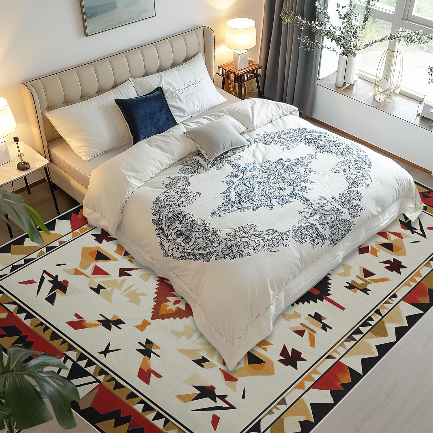 Western Area Rug 4x6 Southwestern Red Beige Carpet Washable Door Mat Low Pile Aztec Boho Indoor Outdoor Floor Rugs Soft Non Slip Rug for Living Room Bedroom Beside Dinning Office Home Decor 4'x6'