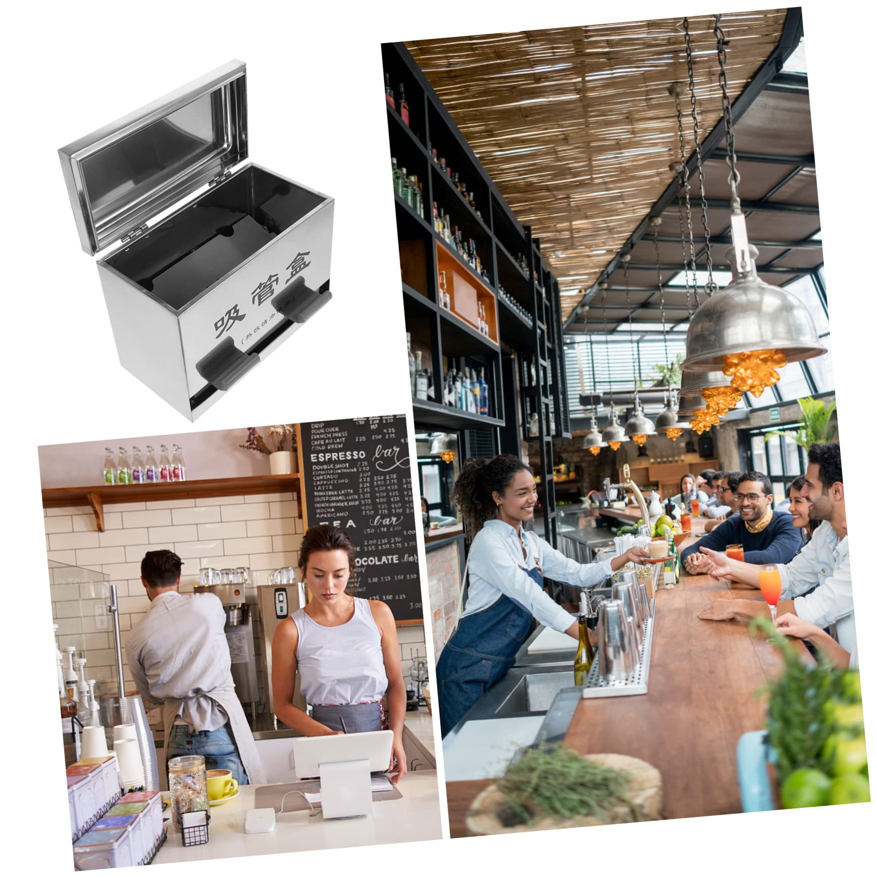 Alipis Strohhalmspender Selbstbedienbar aus Edelstahl mit Pressmechanismus Rutschfester Boden 200 Fassungsvermögen für Restaurant und Coffee Shop