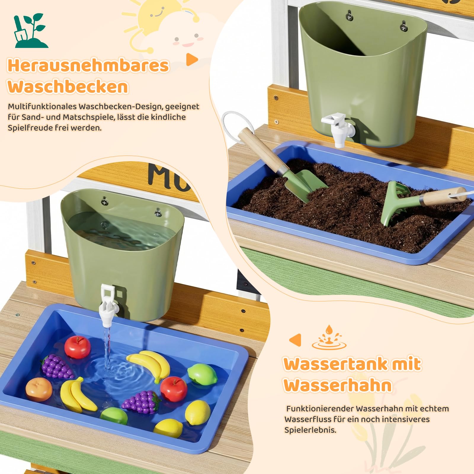 MAMIZO Cucina per Bambini da Esterno, Cucina da Giardino in Legno con Rubinetto Funzionante, 2PCS Vasi per Piante, Attrezzi da Giardino, Lavagna e Ripiani, 93x37x88 cm, per Bambini +3 Anni