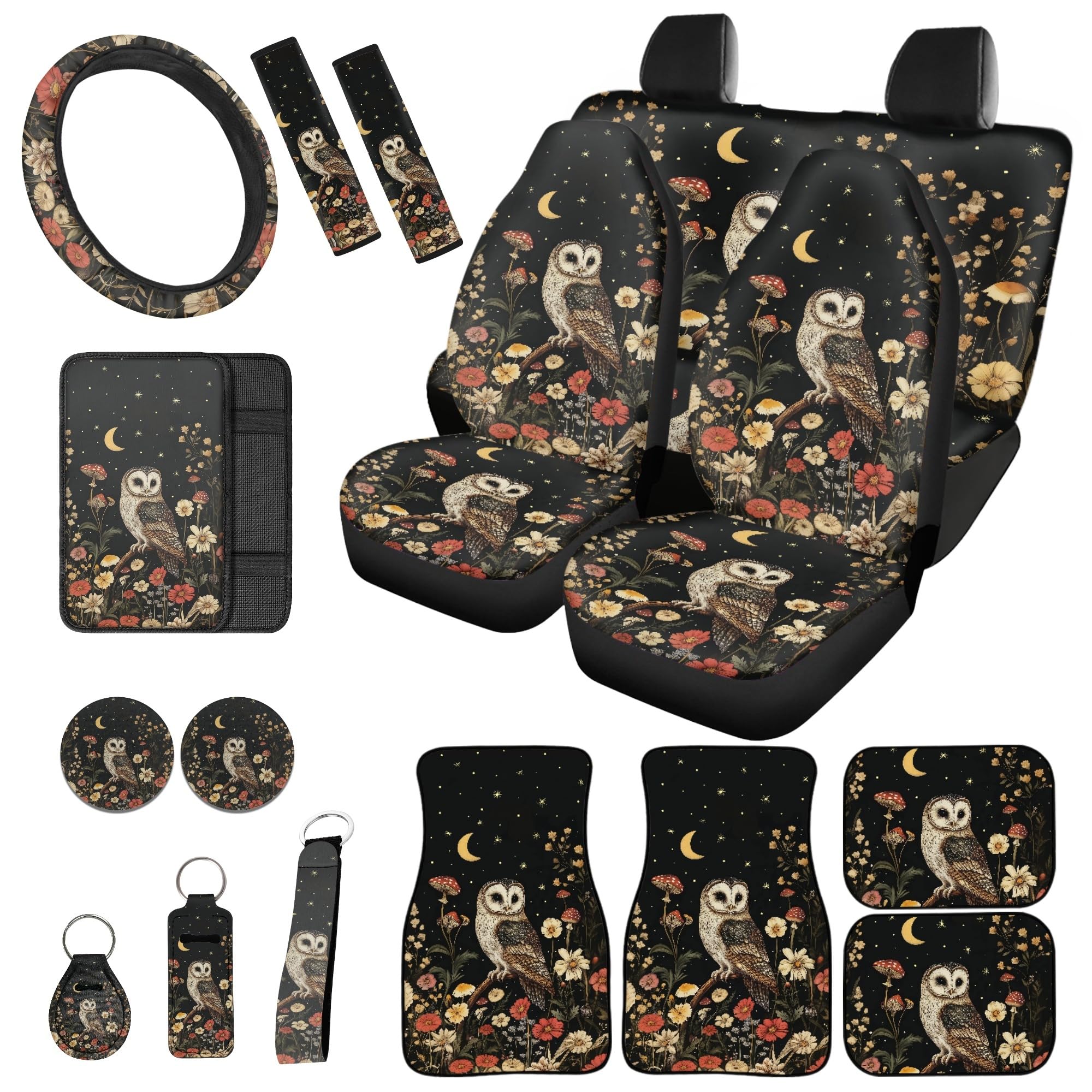 Owl Car Seat Cover Set 17 Piece Auto Interior Accessories Full Set Universal Car Seat Covers with Floor