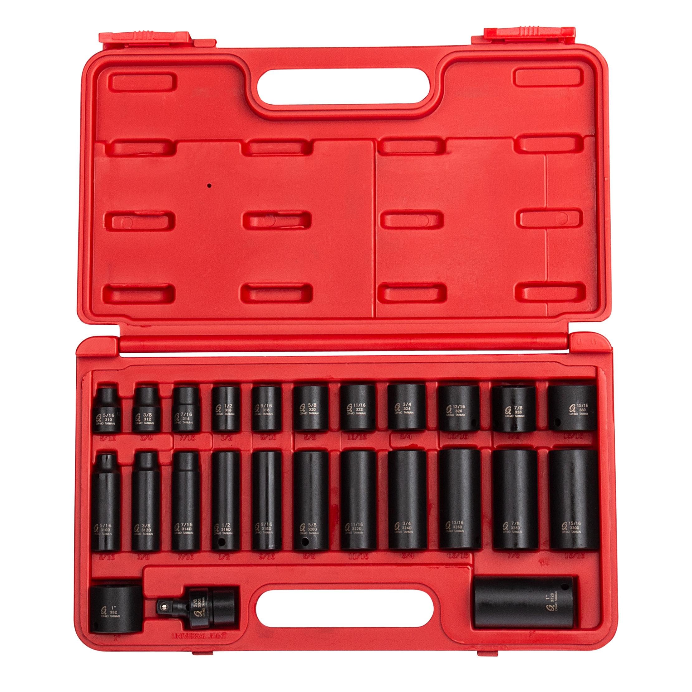 SUNEX Tools 3325 3/8-calowy napęd SAE Master Impact zestaw nasadek, standardowy/głęboki, 6-punktowy, Cr-Mo, 5/16-calowy - 1-calowy, 25-częściowy