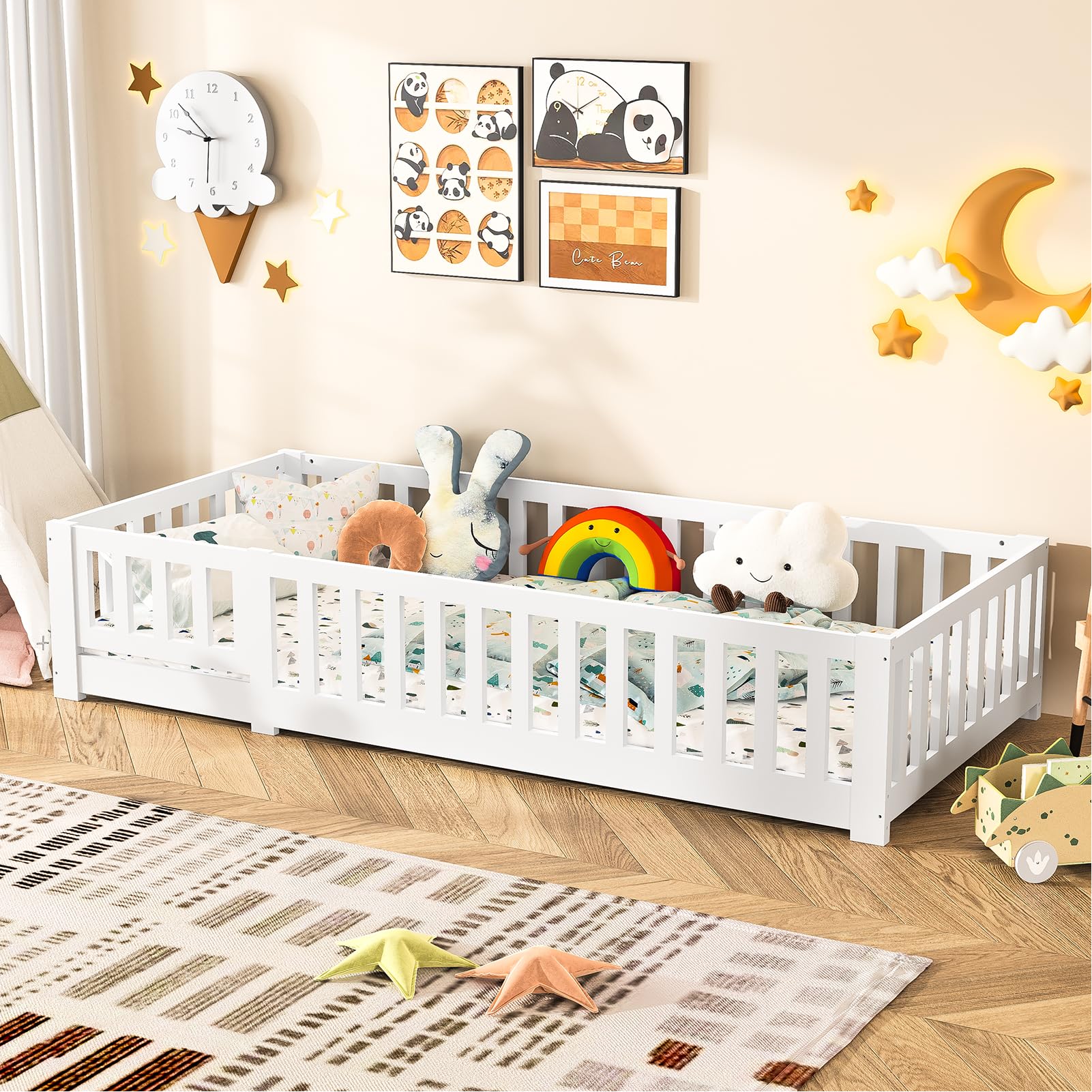 Cama infantil 90 x 200 cm con somier, marco de cama de madera con valla y puerta, cama Montessori con protección anticaídas, para niño y niña, color blanco