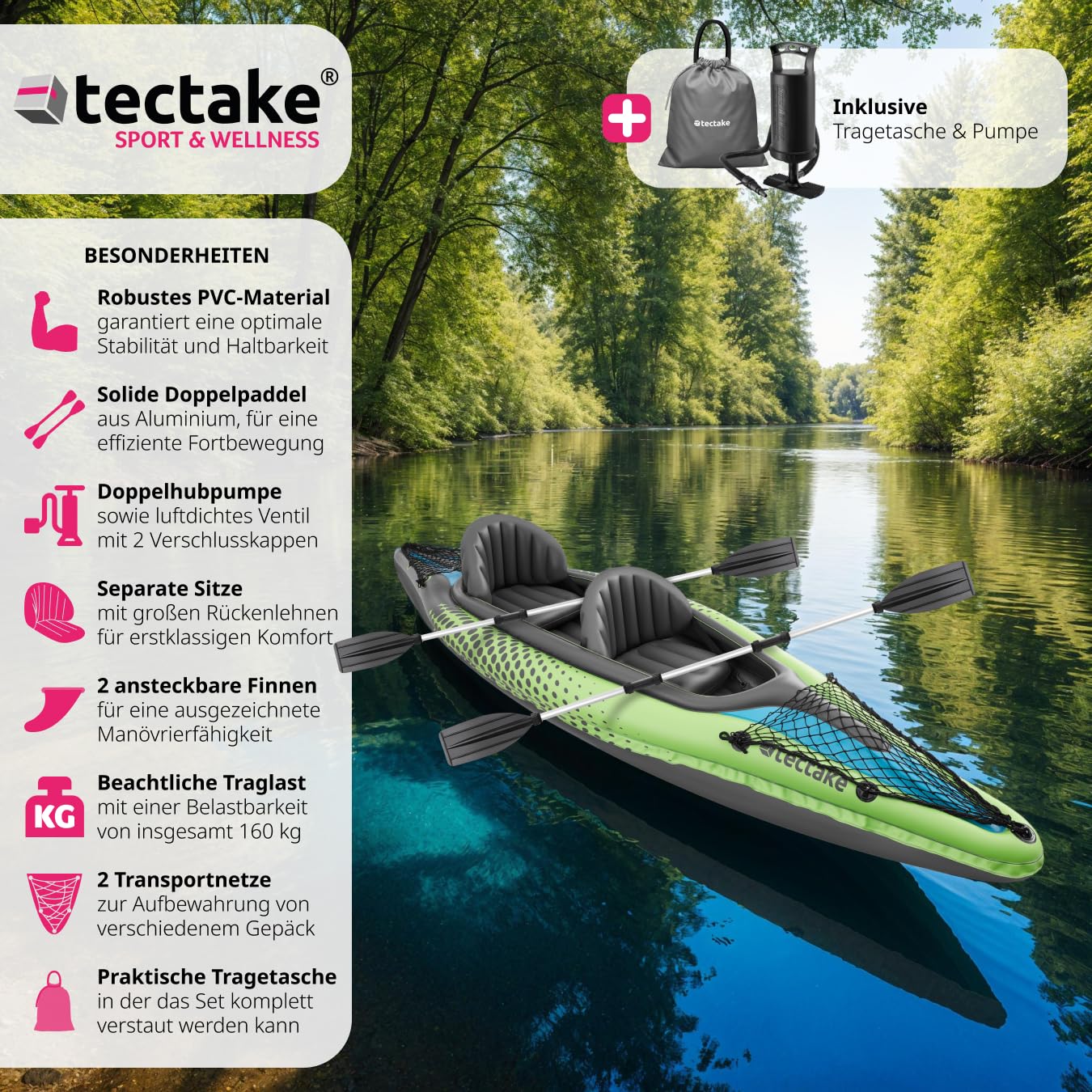 tectake® Kajak Boot aufblasbar, aufblasbares Kanu Paddelboot für 2 Personen mit 2X Doppelpaddel und Zubehör 2X Sitz, Pumpe, Transporttasche, für Wassersport, Freizeit, als Angelboot, Ruderboot