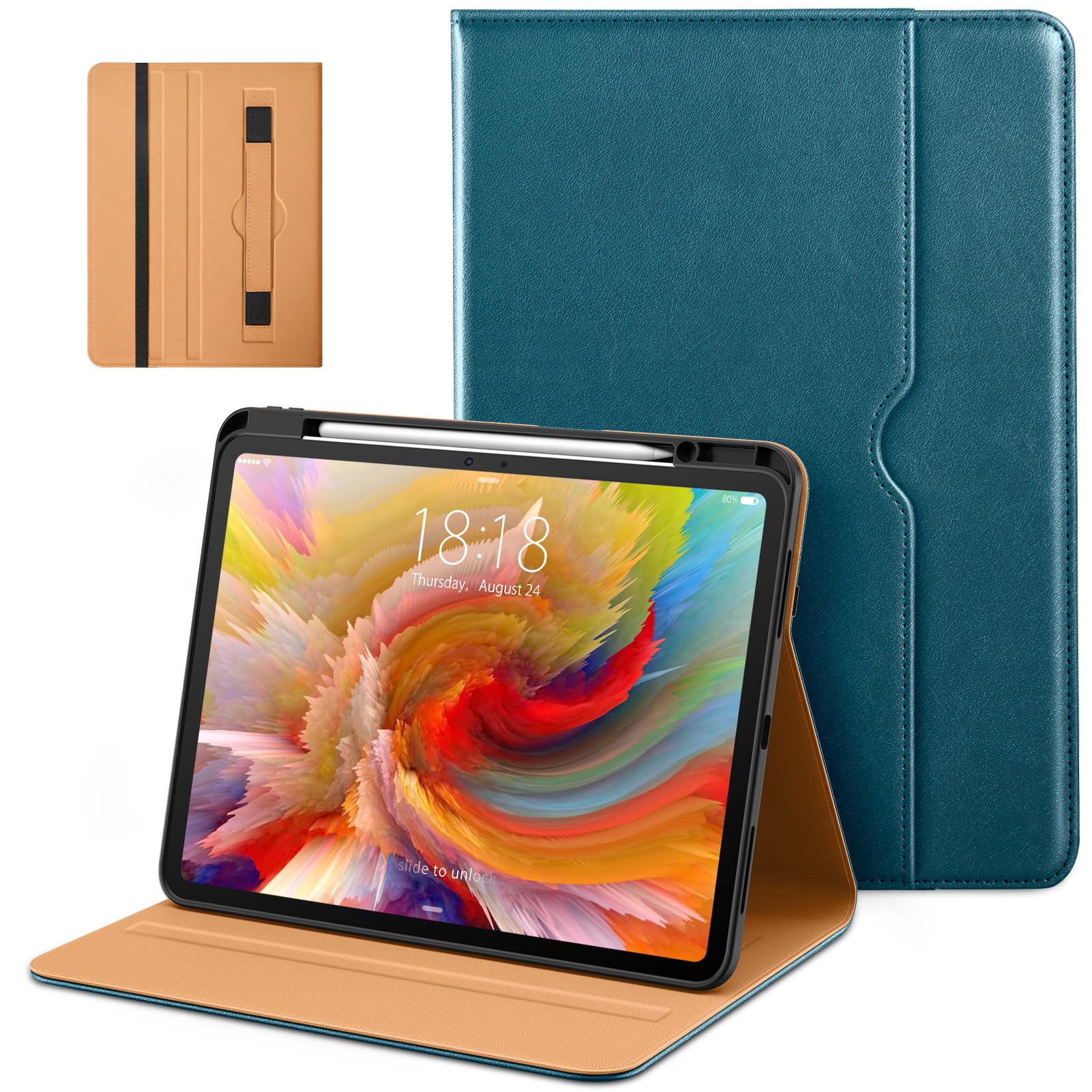 DTTO for iPad Pro 13 inch Case (M4) 2024, Premium Leather Business Folio Stand Cover with Pencil Holder - Auto Wake/Sleep and Multiple Viewing Angles, Built in Hand Strap & Pocket, New Teal