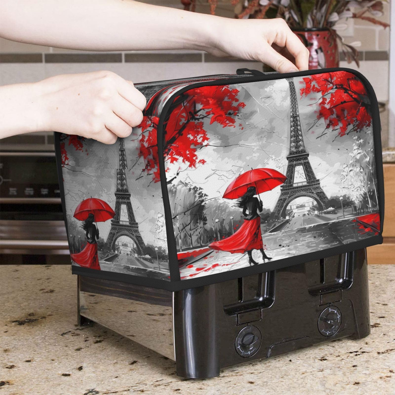 Red Leaf Eiffel Tower Toaster Cover 2 Slice Wide Slot Dustproof Waterproof Kitchen Appliance Covers with Hanging Loop Bread Baker Toaster Protector 7