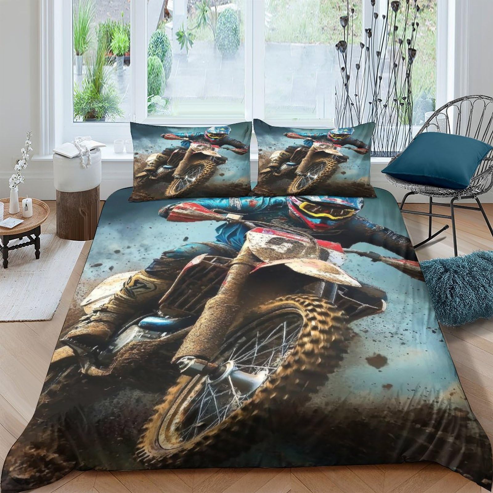 UNRXJZLVM Motocross 3D Duvet Cover Set Microfiber Teen Bedding