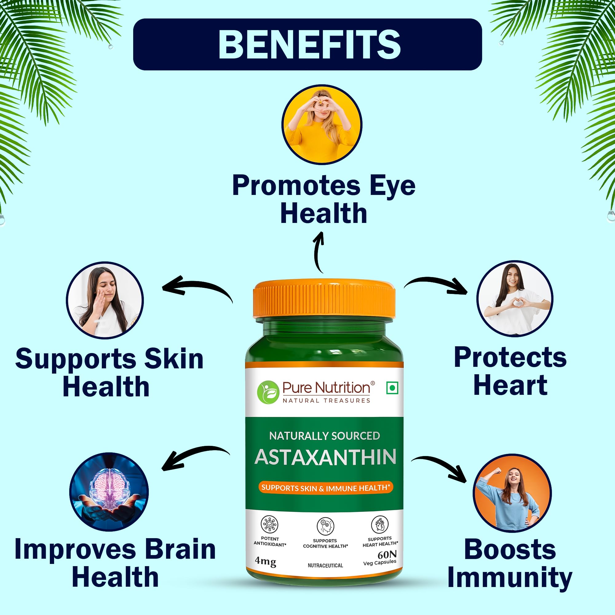 Pure Nutrition Astaxanthin 4mg | Powerful Antioxidant Supplement for Skin, Eye, Heart & Immune Wellness | Supports Cellular Health, Anti-Aging & Daily Recovery for Men & Women β 60 Veg Capsules