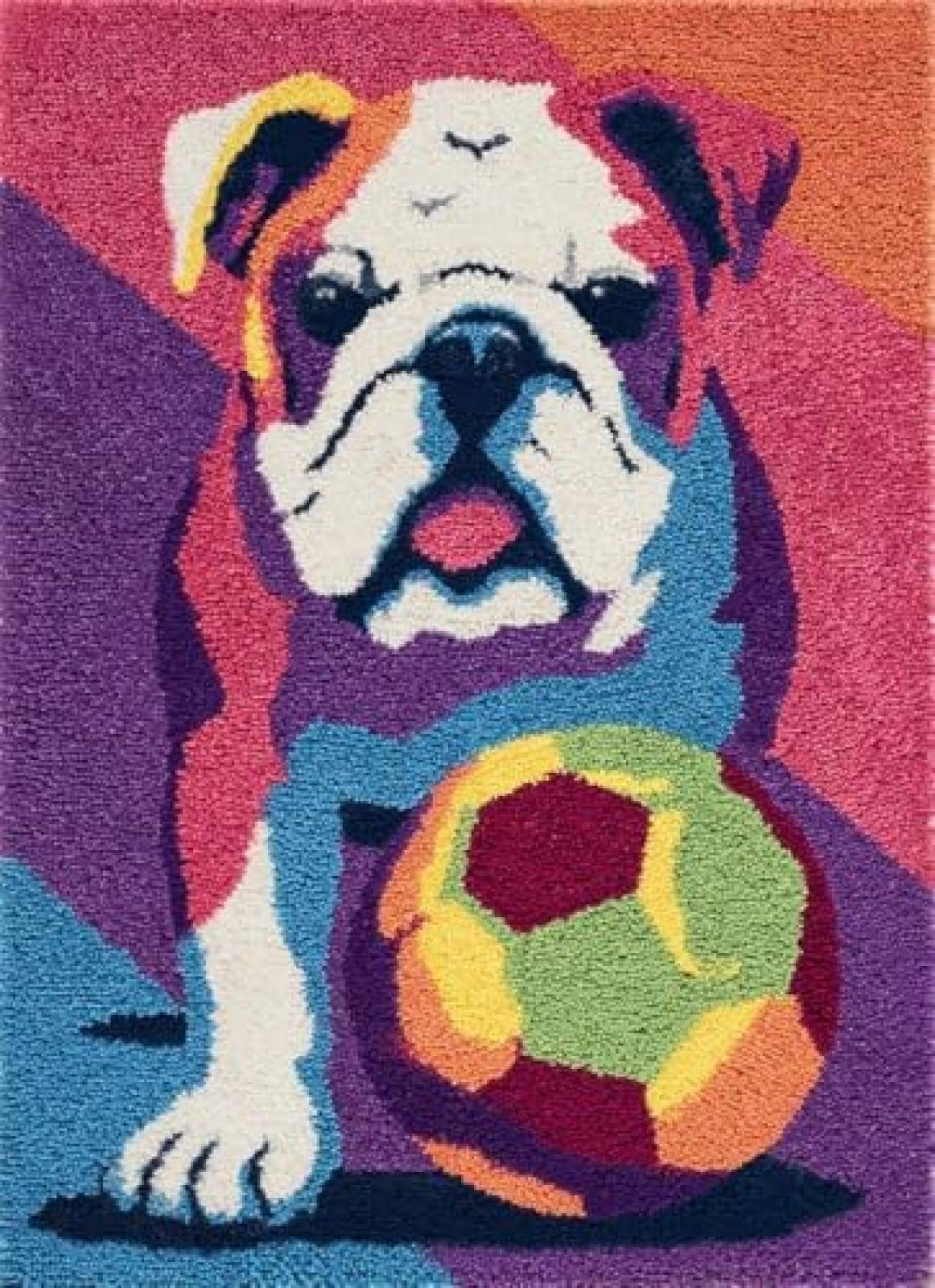 XDEGHUANGSS Latch Hook Rug Kit English Bulldog Dog Play Soccer Ball with Pre-Printed Mat Cover DIY Cushion Crochet Yarn Hooking Craft Set for Floor Decor 38x52cm