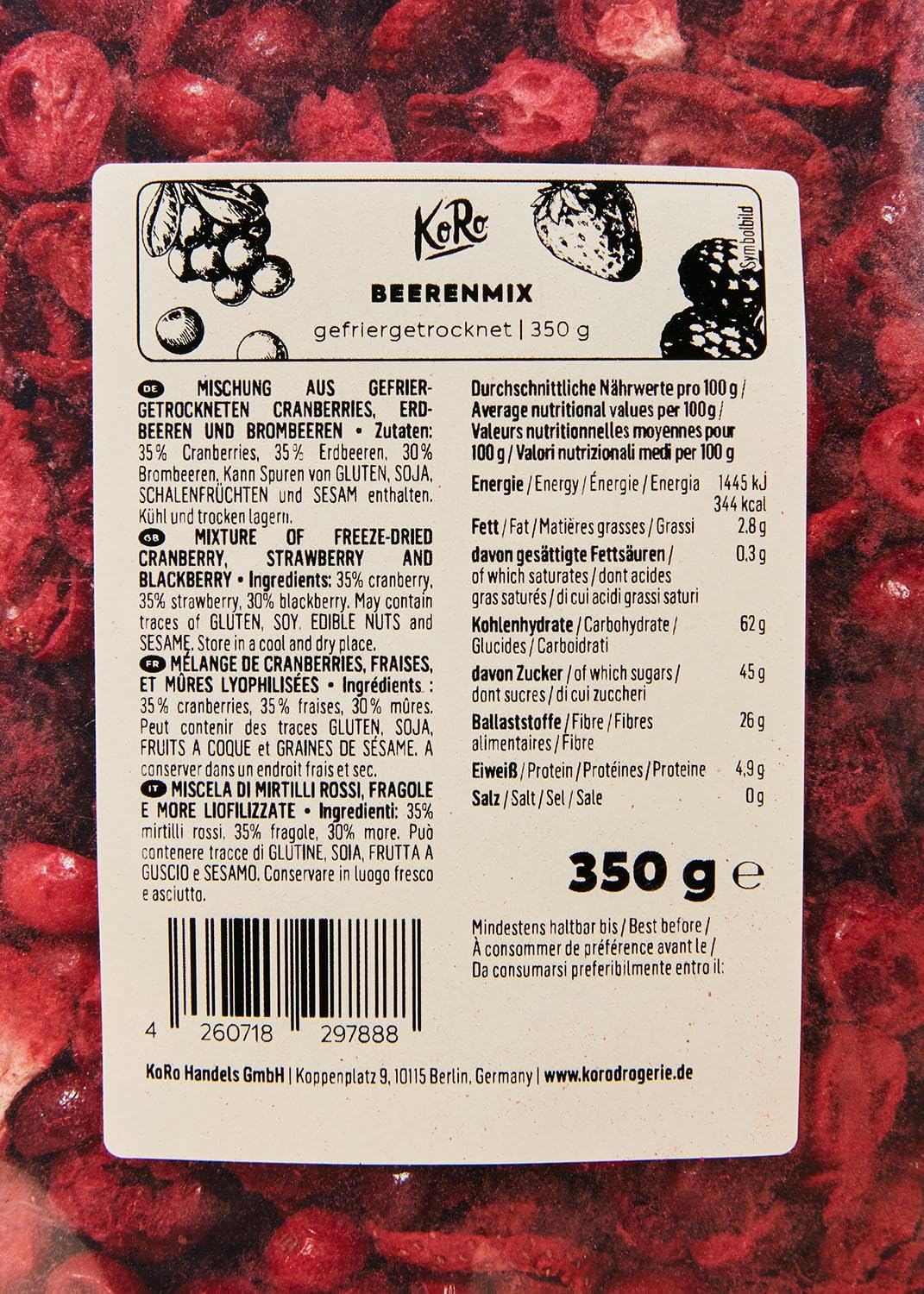 KoRo - Frutti di bosco liofilizzati 350 g - fragole, more e mirtilli rossi - da aggiungere al muesli o nel porridge - 100% frutta