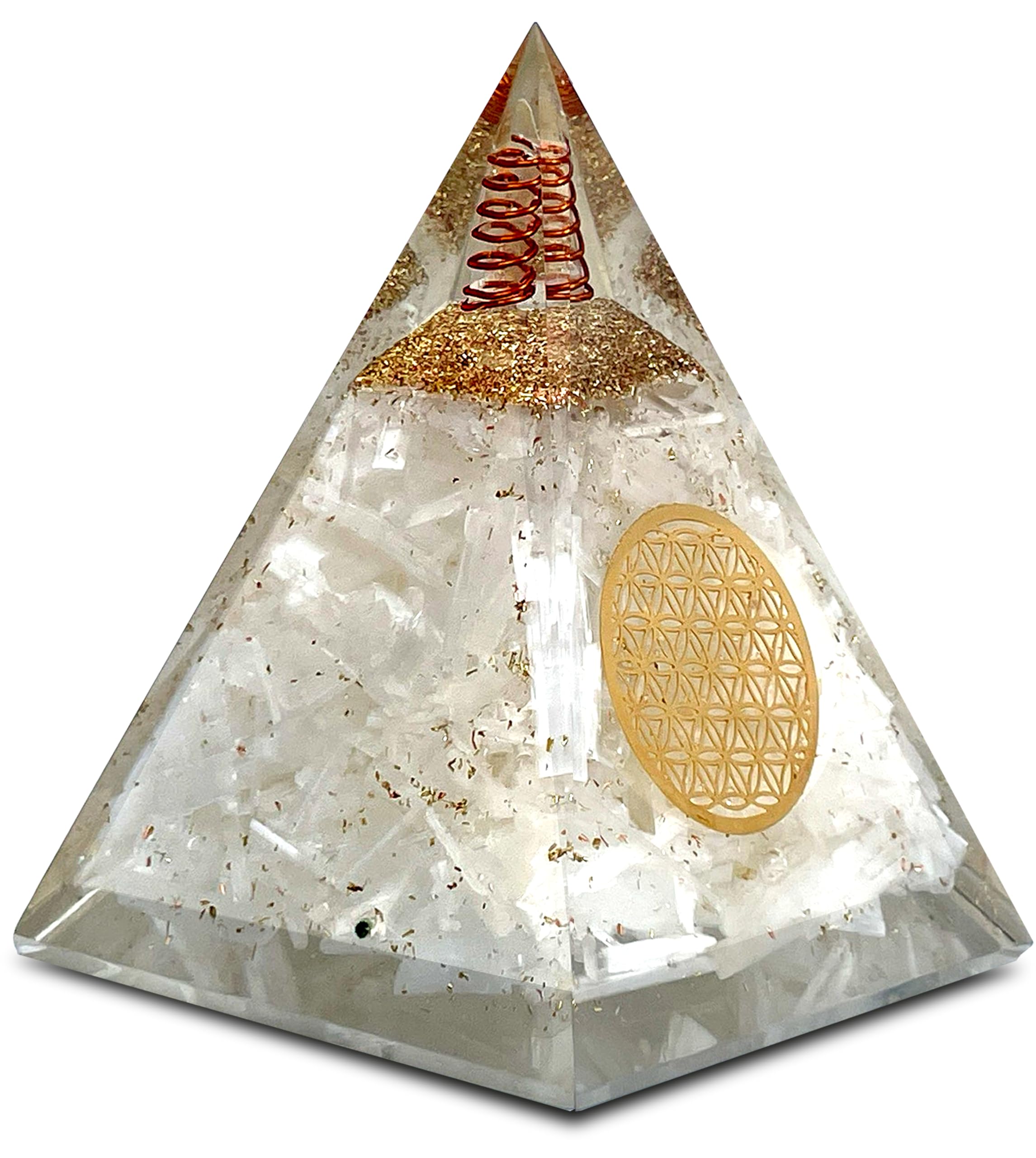 Orgone Selenite Pyramid with Flower of Life – Handmade Orgonite Energy Generator for Meditation, Reiki Healing & Positive Energy
