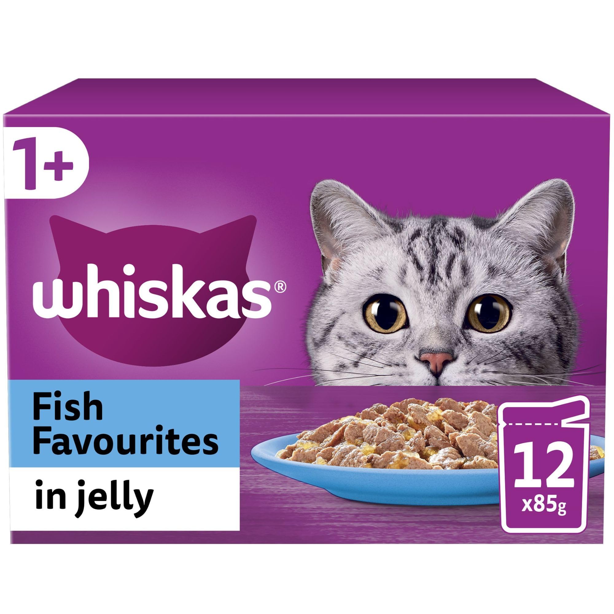 WHISKAS 1+ Cat Pouches Fish Favourites in Jelly 12 x 85 g, Pack of 4