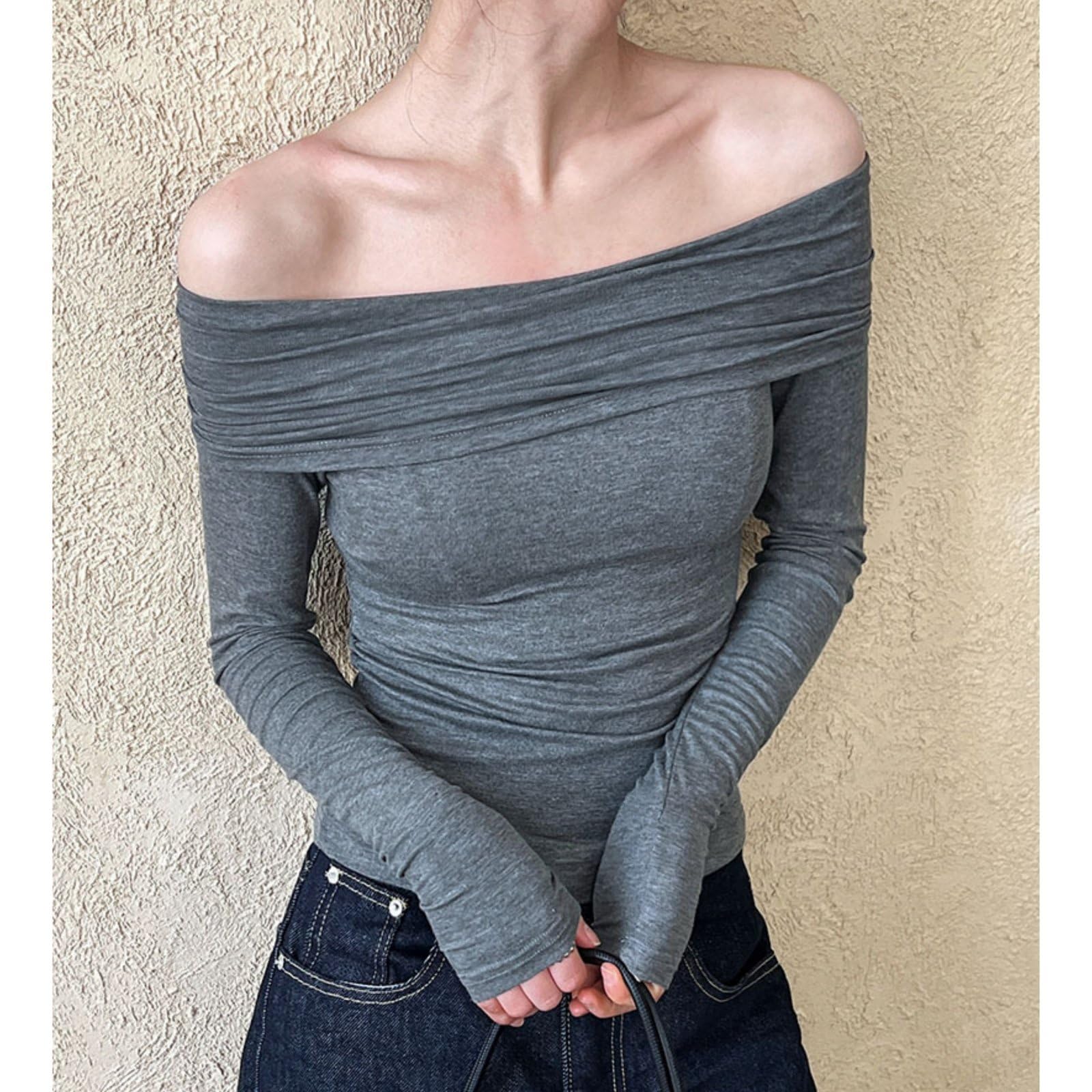 Damskie Seksowne Koszule Z DłUgim RęKawem Z Odkrytymi Ramionami Eleganckie Bluzki Slim Fit Stretch Going Out Tops,Gray,L