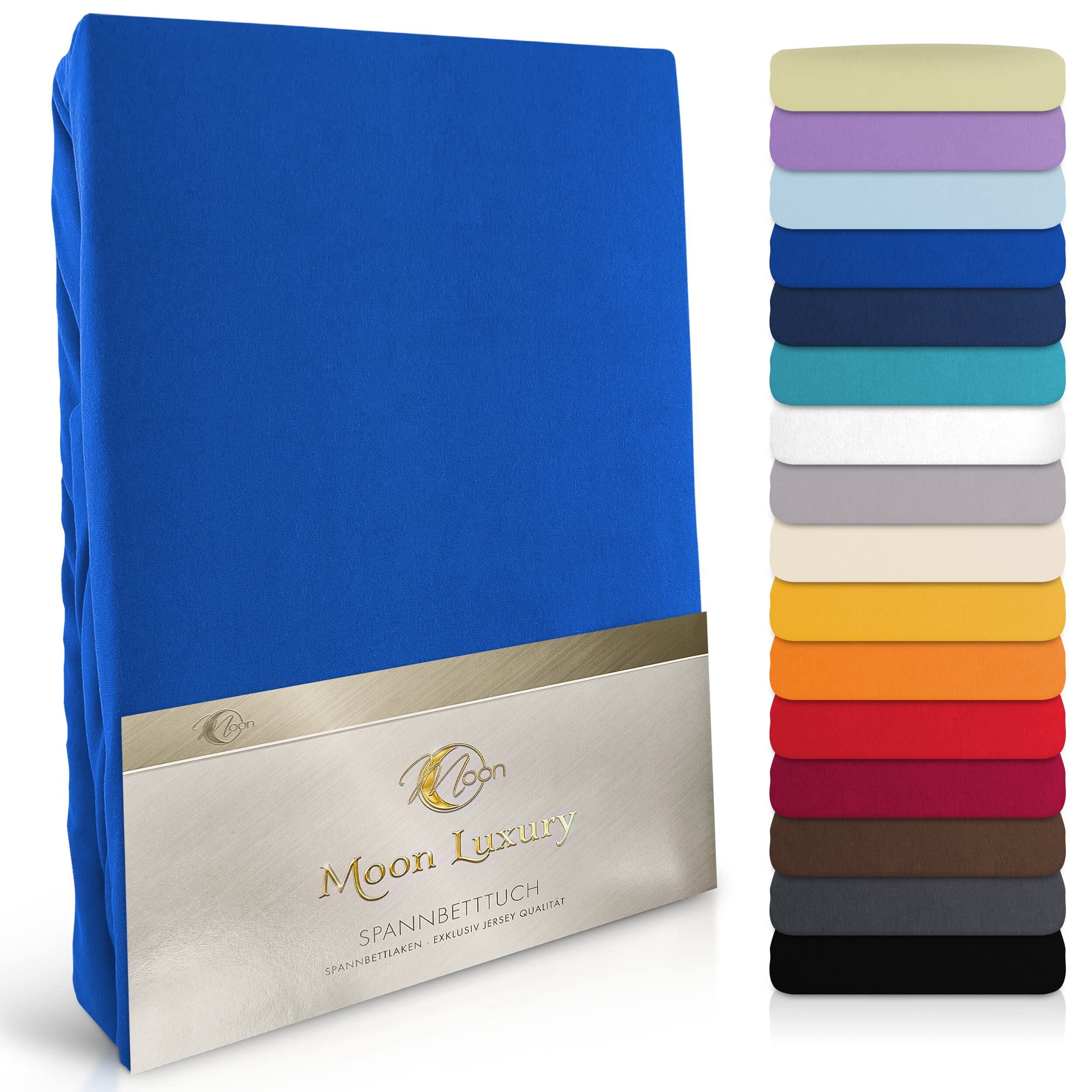 Moon -Luxury Prześcieradło z gumką, dżersej, 230 g/m², do łóżek wodnych, łóżek kontynentalnych i tradycyjnych materacy (błękit królewski, 200 x 220 – 220 x 240 cm)