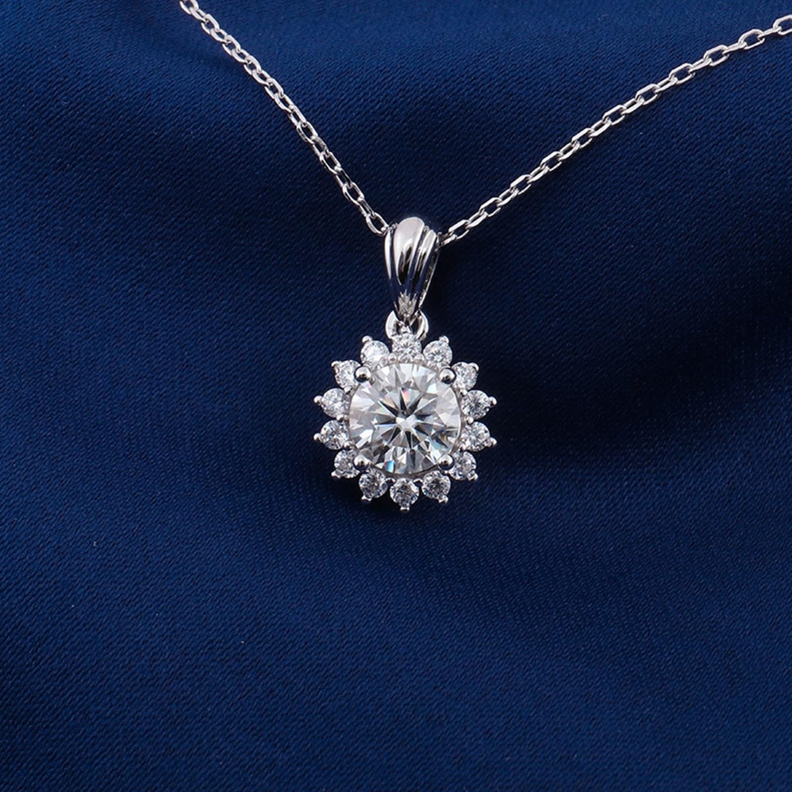Halskette aus 9-karätigem/14-karätigem/18-karätigem Weißgold für Damen, 1 Karat Moissanit-Sonnenblumen-Edelstein-Anhänger, Schmuckkette, Länge 45,7 cm