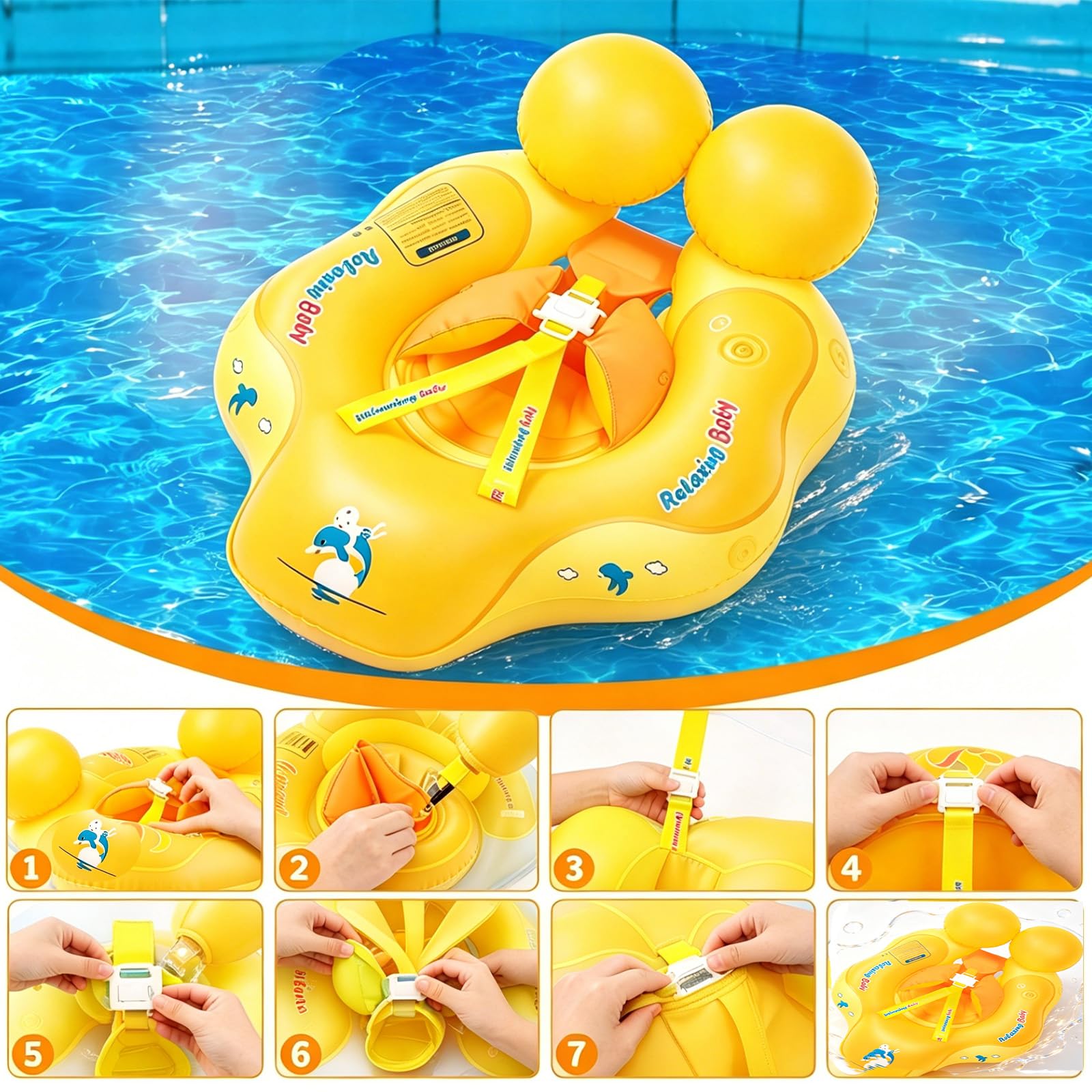 Baby Schwimmring ab 3-24 Monate,Blau/Orange Schwimmreifen Babys, Baby Swimming Float,Aufblasbare Schwimmtrainer mit verstellbare Schultergurte, Babys Pool Float Ring für Kinder Junge Mädchen 1-2 Jahre