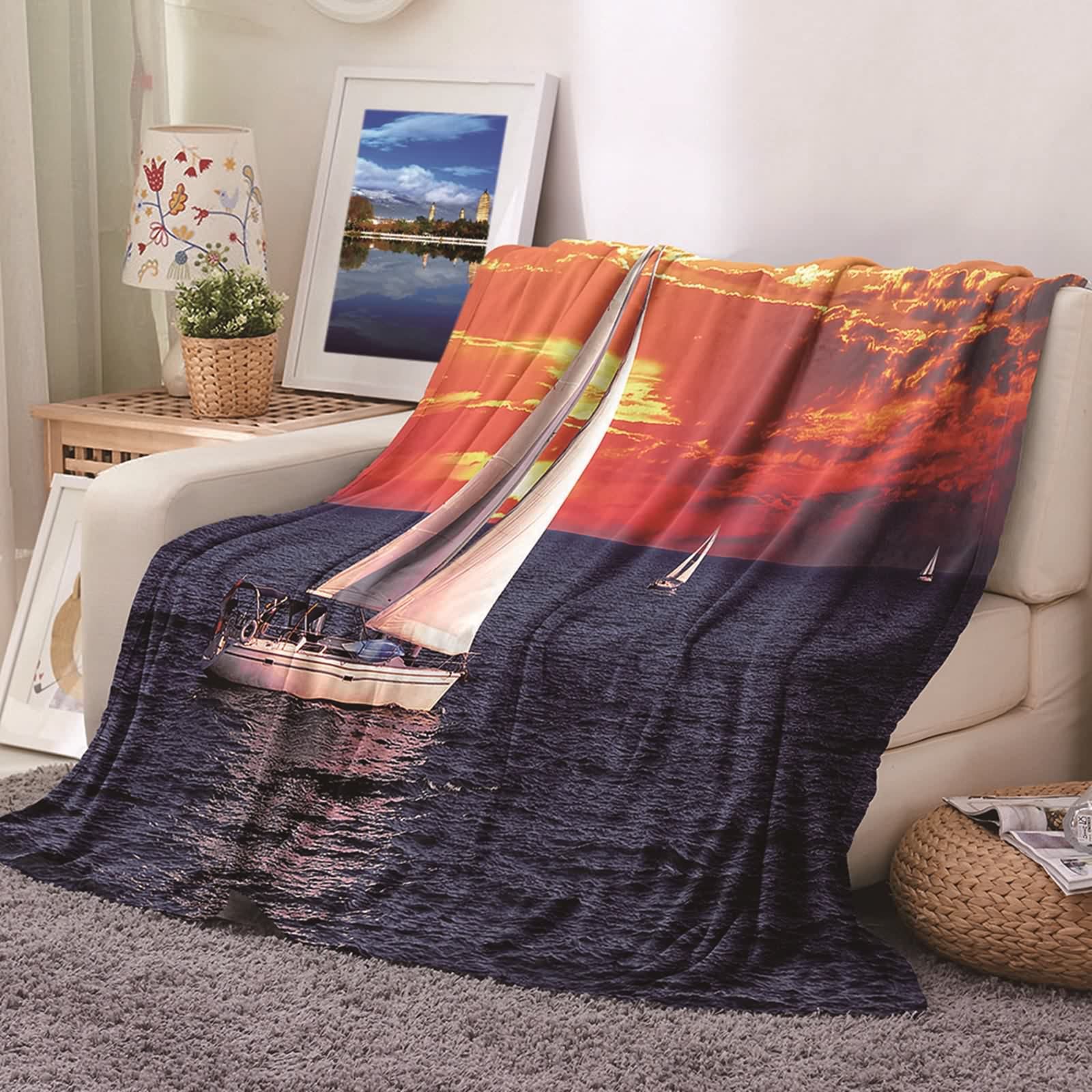 Plaid flannel KnSam contre le froid, couverture douce soleil couchant 100x150